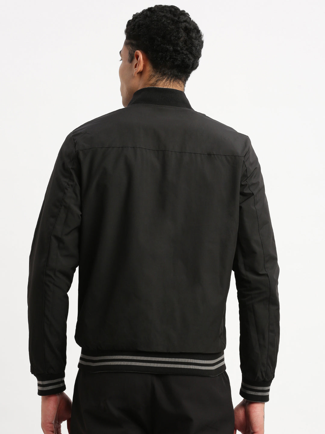 Men's Mandarin Collar Grey Solid Reversible Bomber Jacket