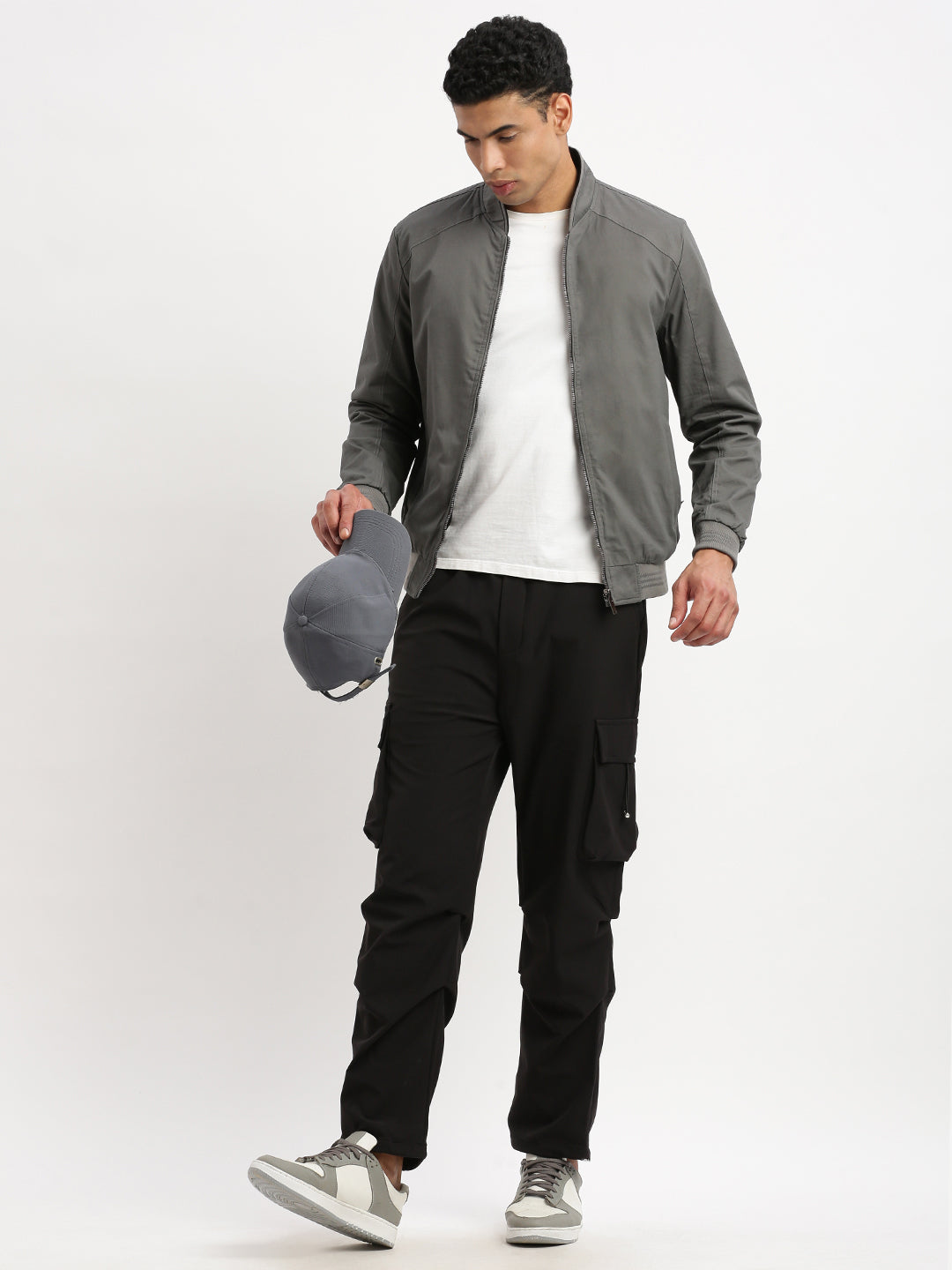 Men's Mandarin Collar Grey Solid Reversible Bomber Jacket