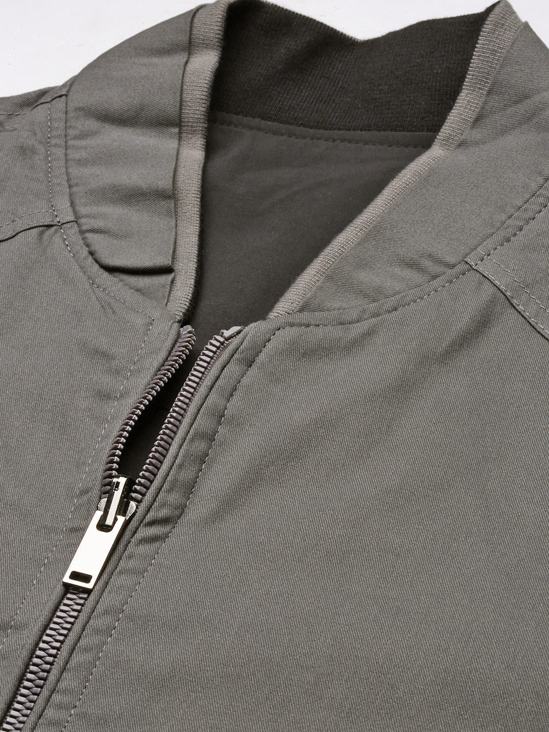 Men's Mandarin Collar Grey Solid Reversible Bomber Jacket