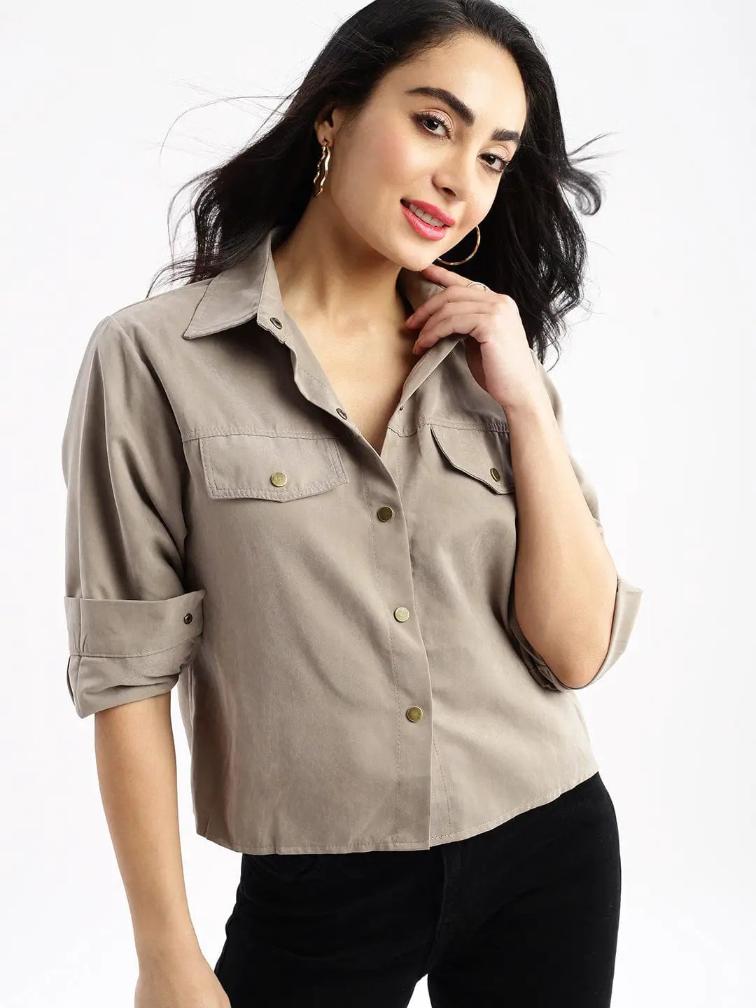 Women's Solid Grey Oversized Shirt