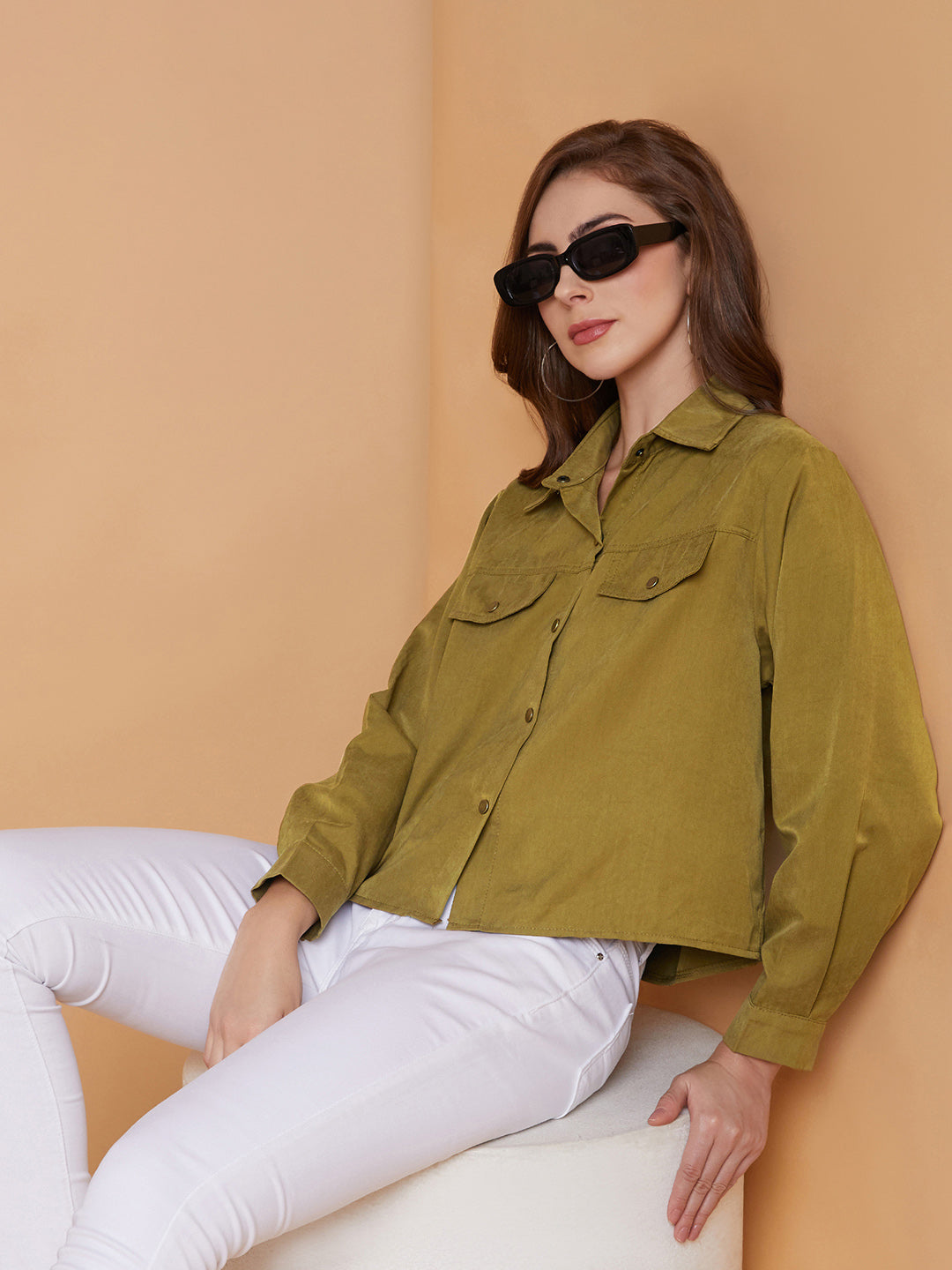 Women Solid Olive Oversized Shirt