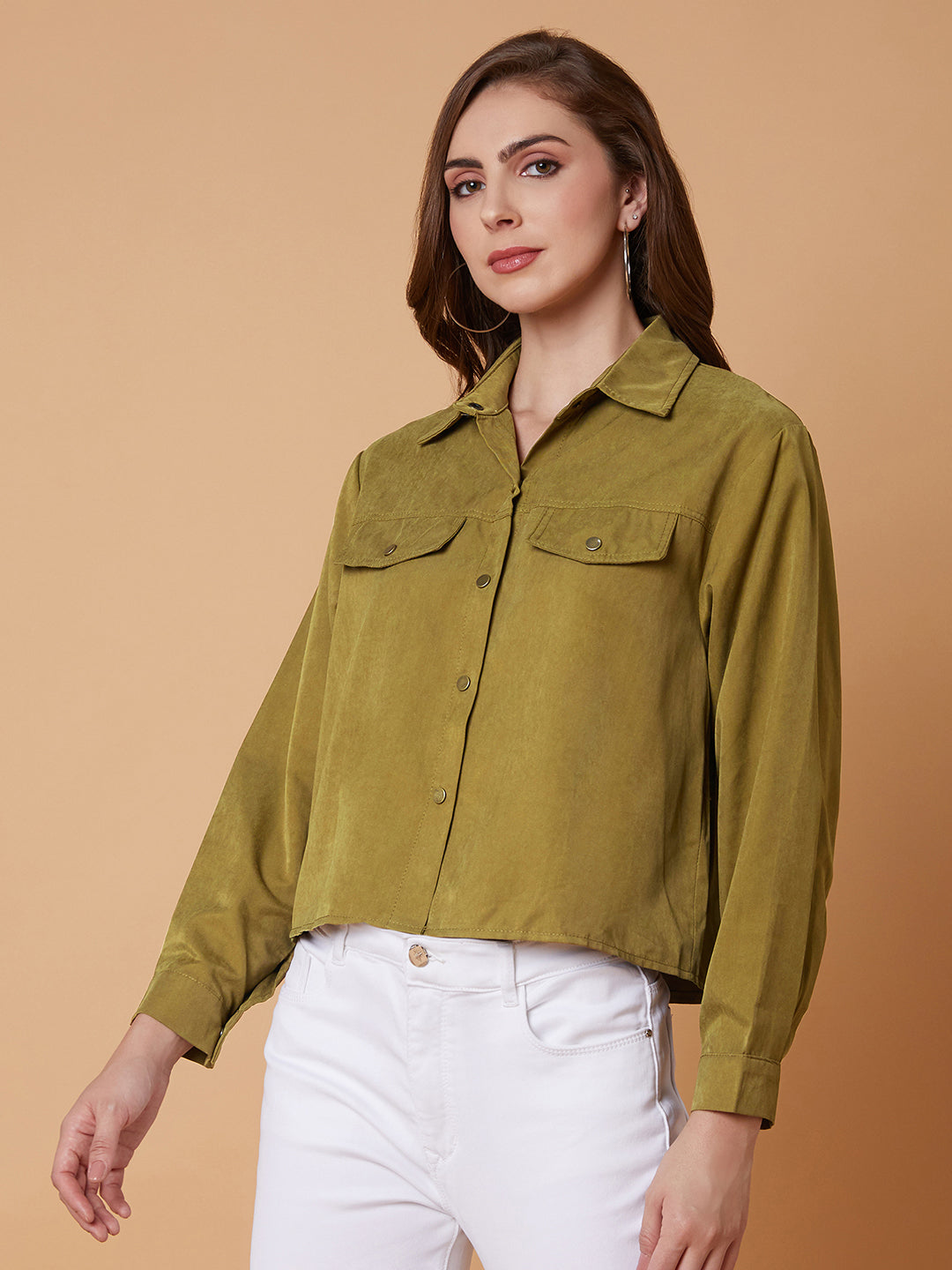 Women Solid Olive Oversized Shirt