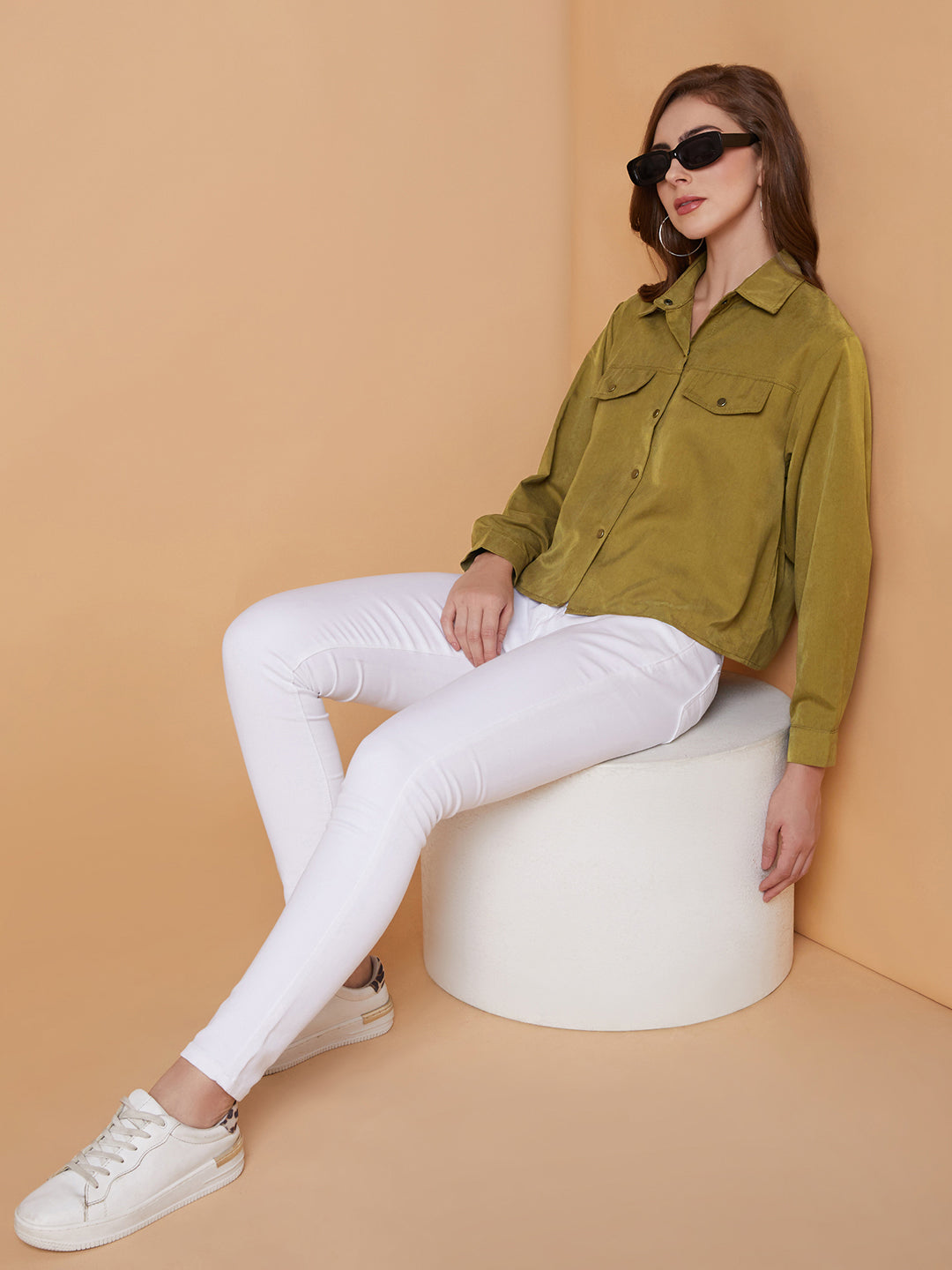 Women Solid Olive Oversized Shirt