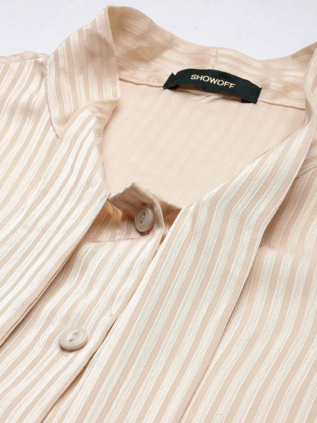 Women Striped Mandarin Collar Cream Shirt