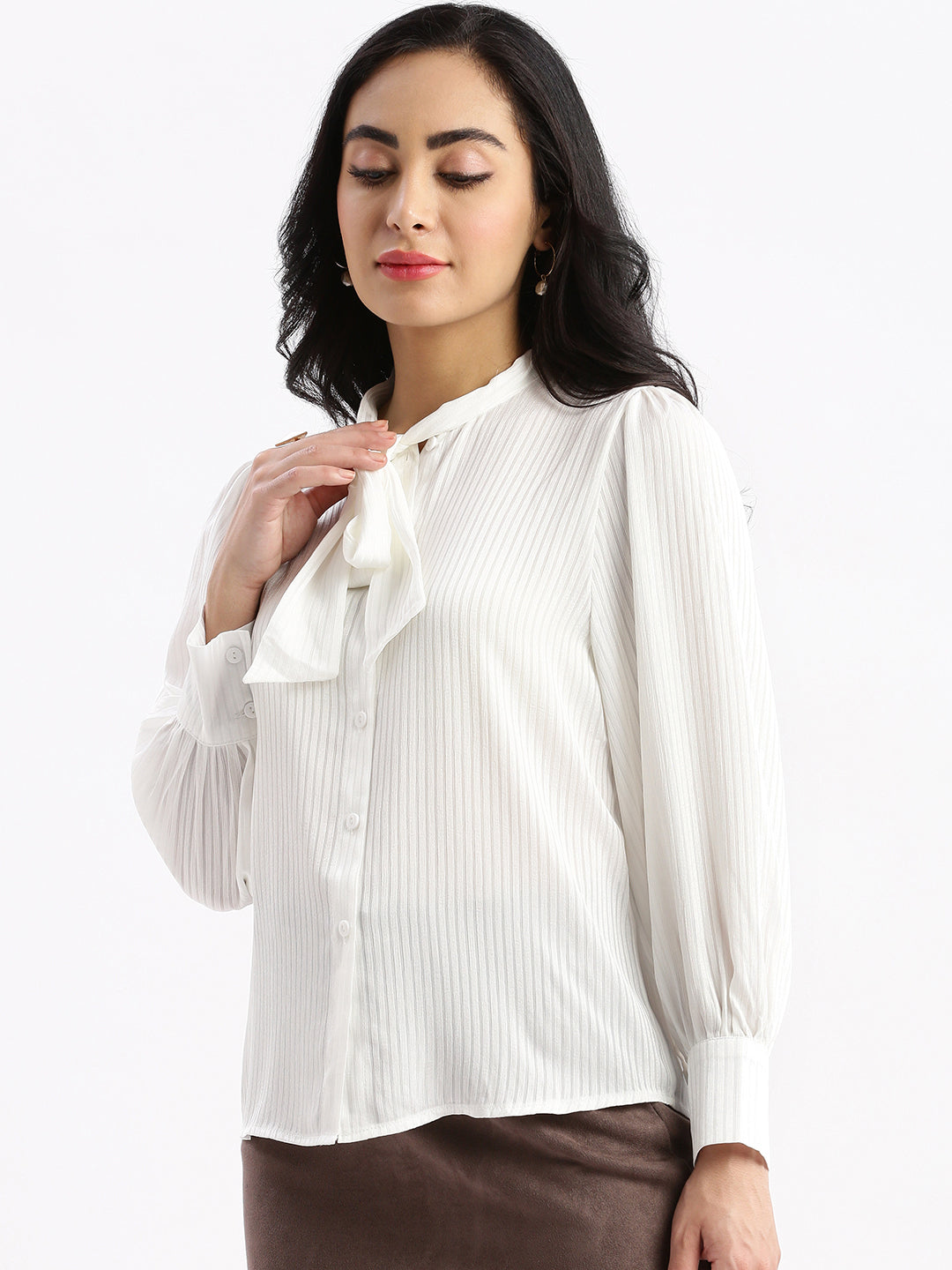 Women Striped Mandarin Collar White Shirt