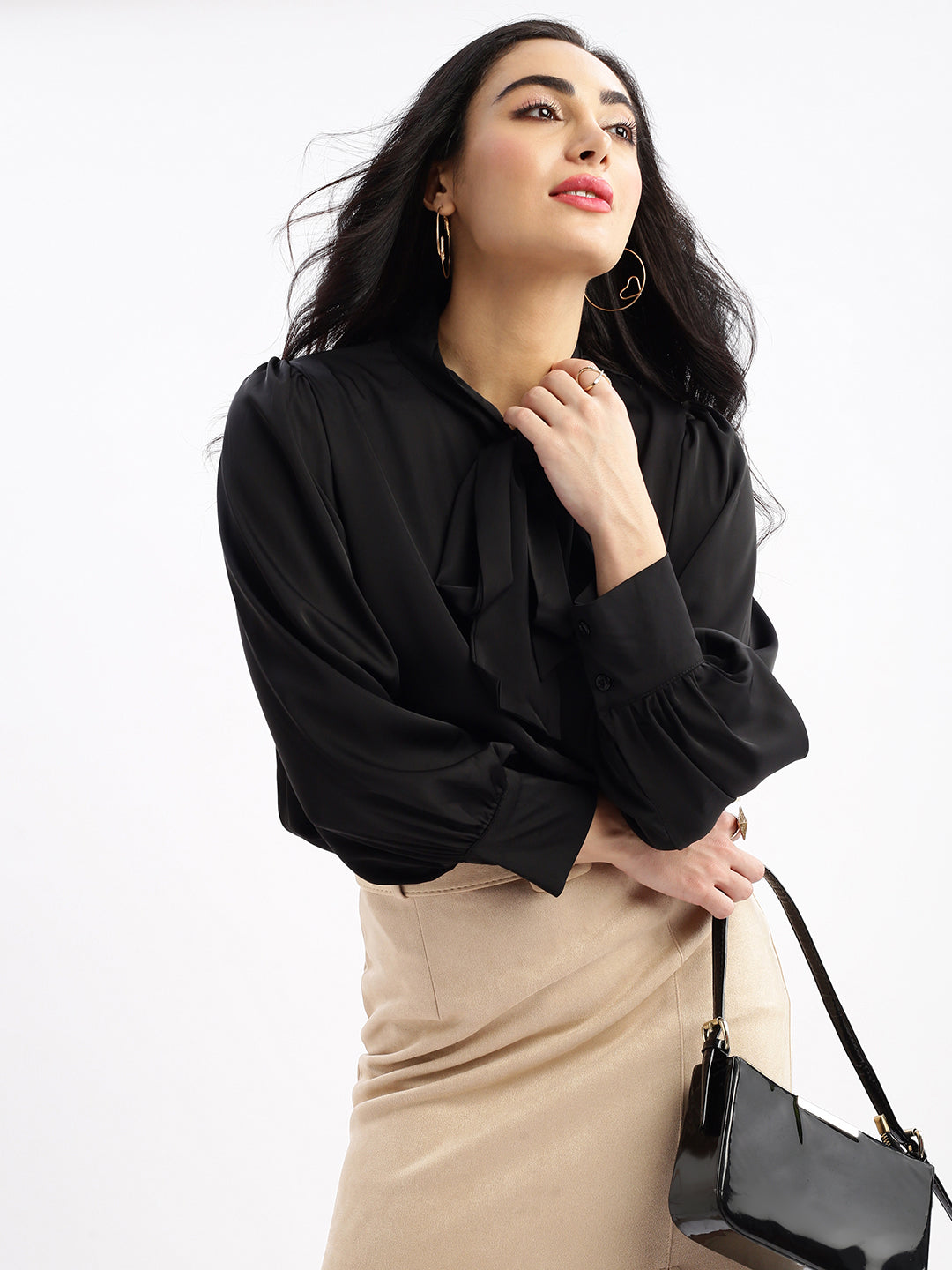 Women Solid Mandarin Collar Black Shirt