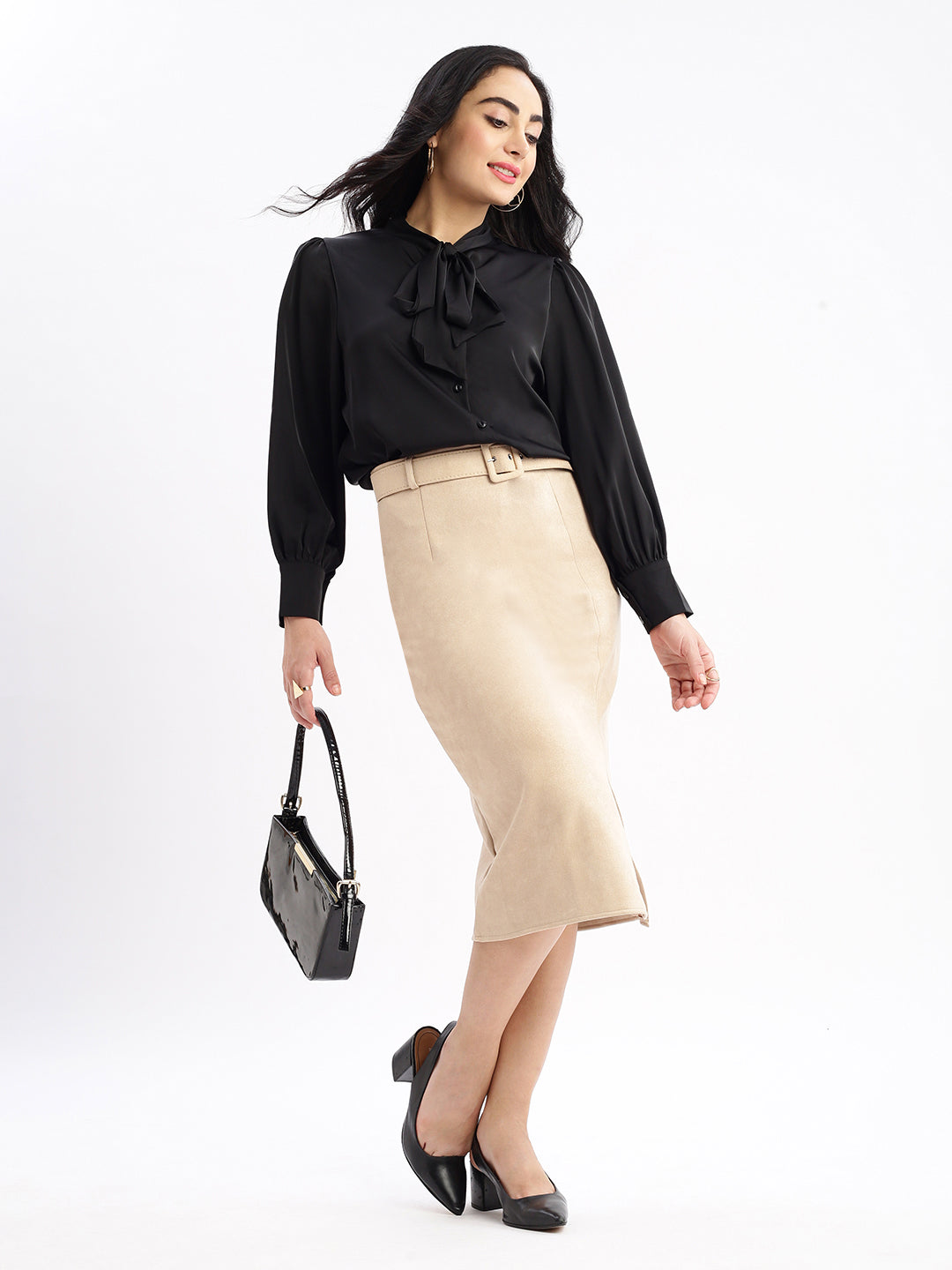 Women Solid Mandarin Collar Black Shirt