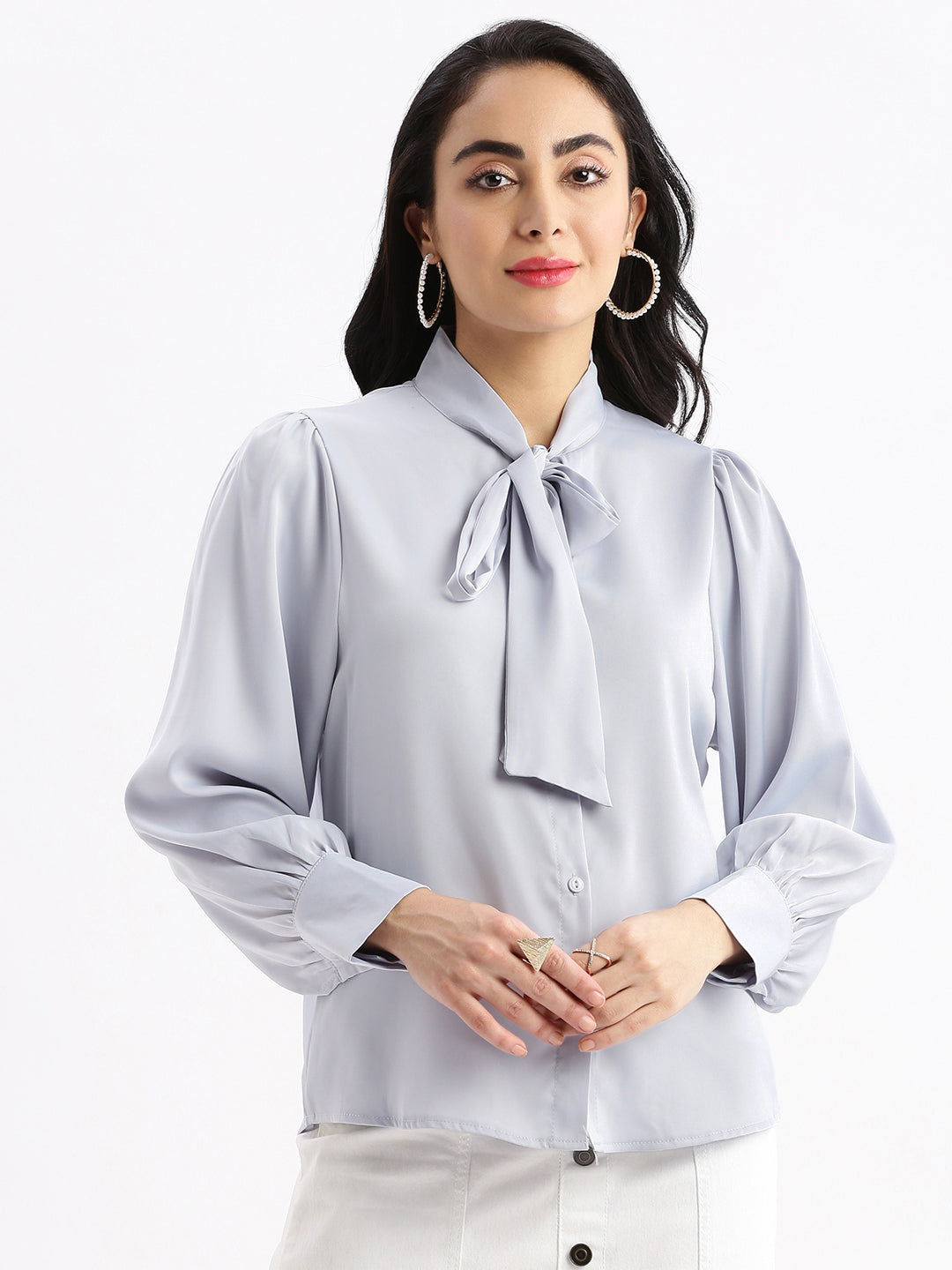 Women Solid Mandarin Collar Blue Shirt