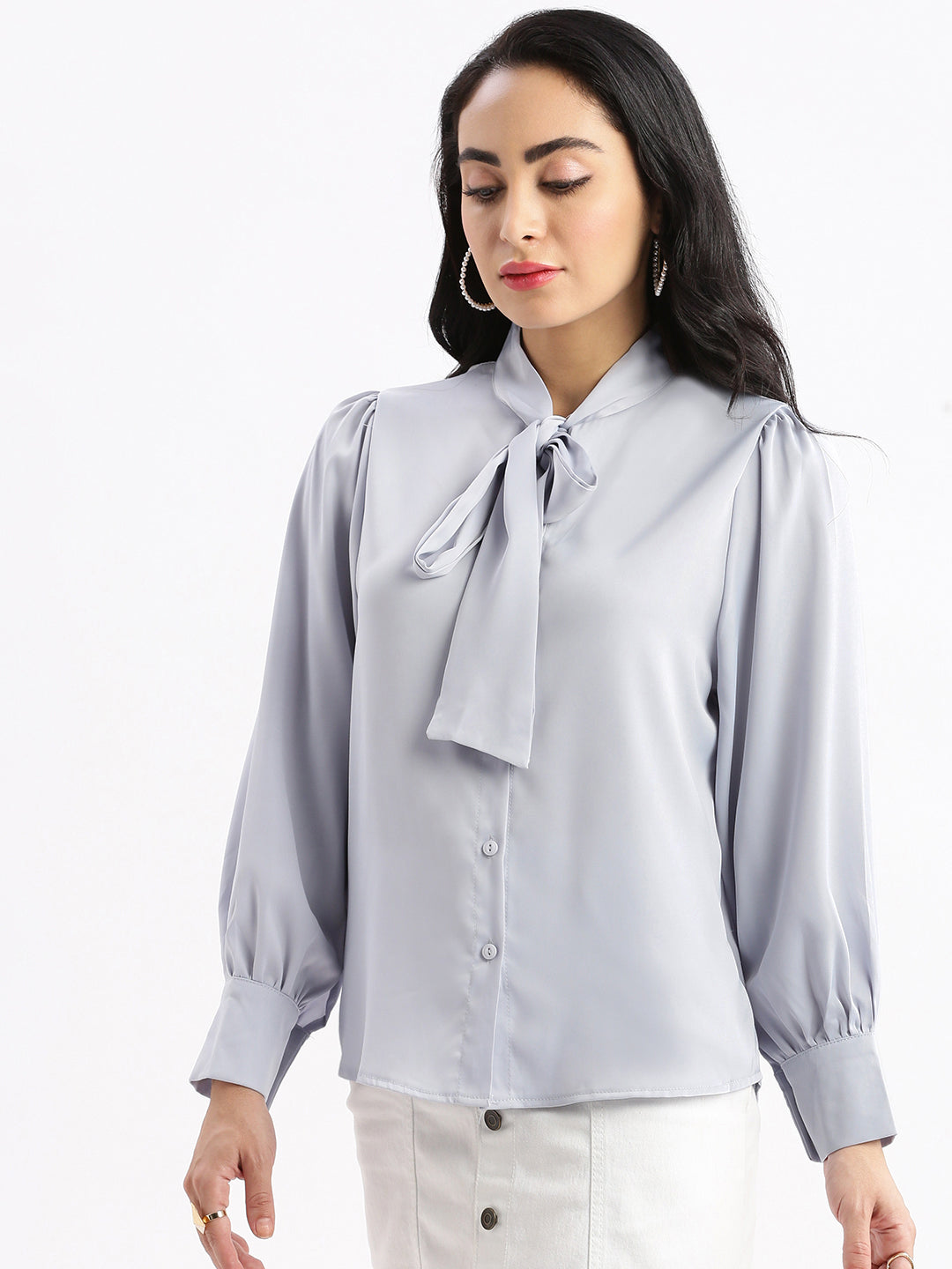 Women Solid Mandarin Collar Blue Shirt