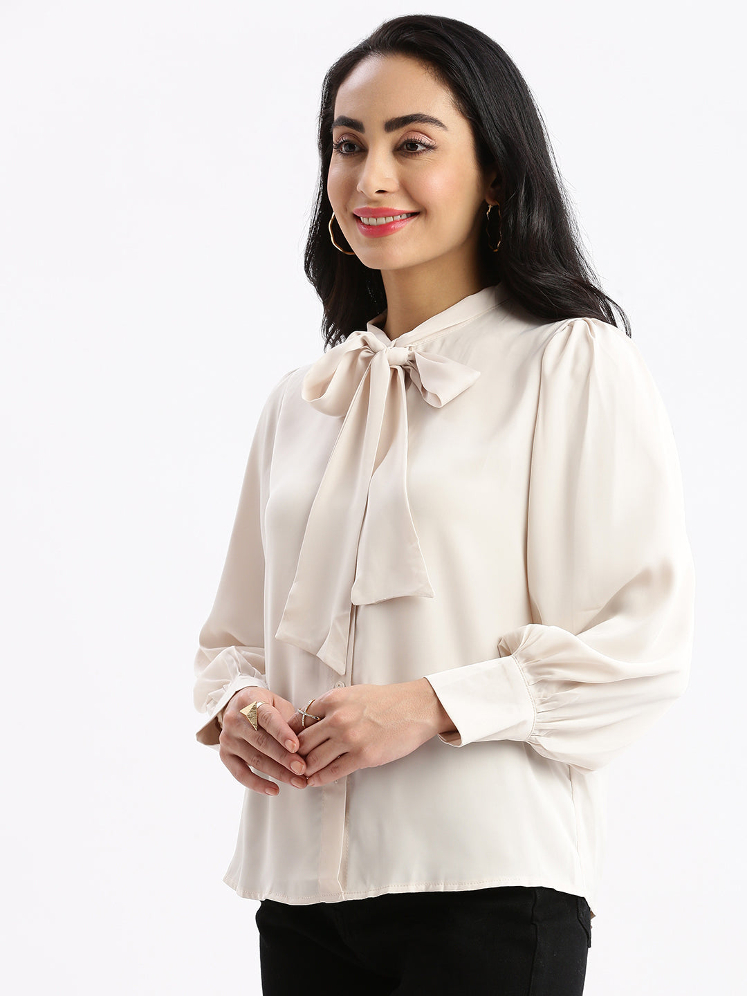 Women Solid Mandarin Collar Cream Shirt