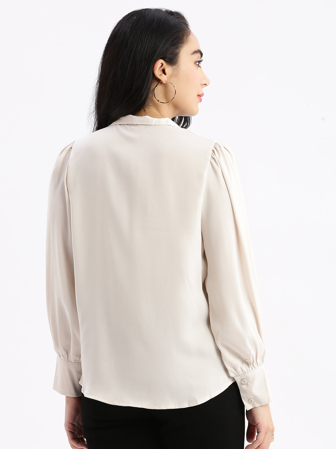 Women Solid Mandarin Collar Cream Shirt