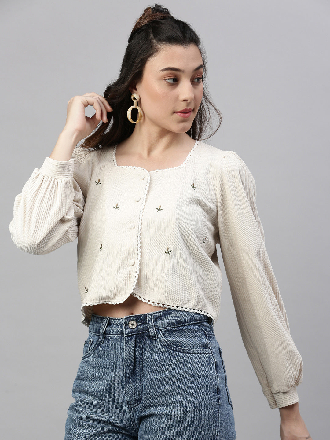 Women Solid Cream Crop Top