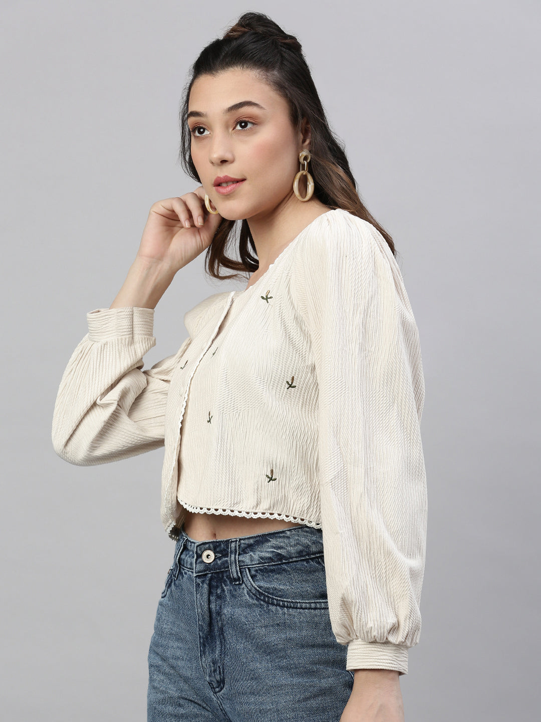 Women Solid Cream Crop Top