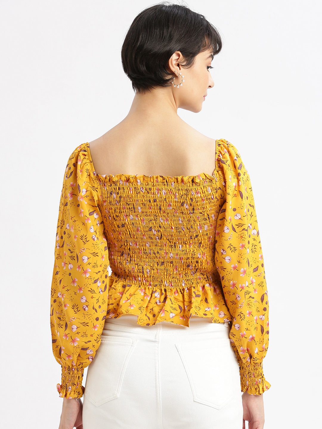 Women Floral Mustard Fitted Crop Top