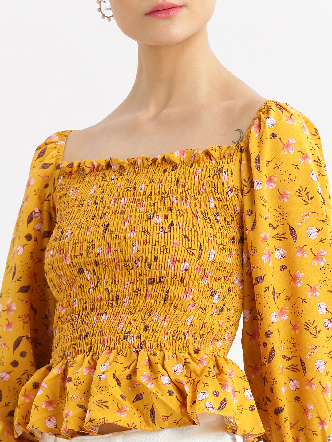 Women Floral Mustard Fitted Crop Top