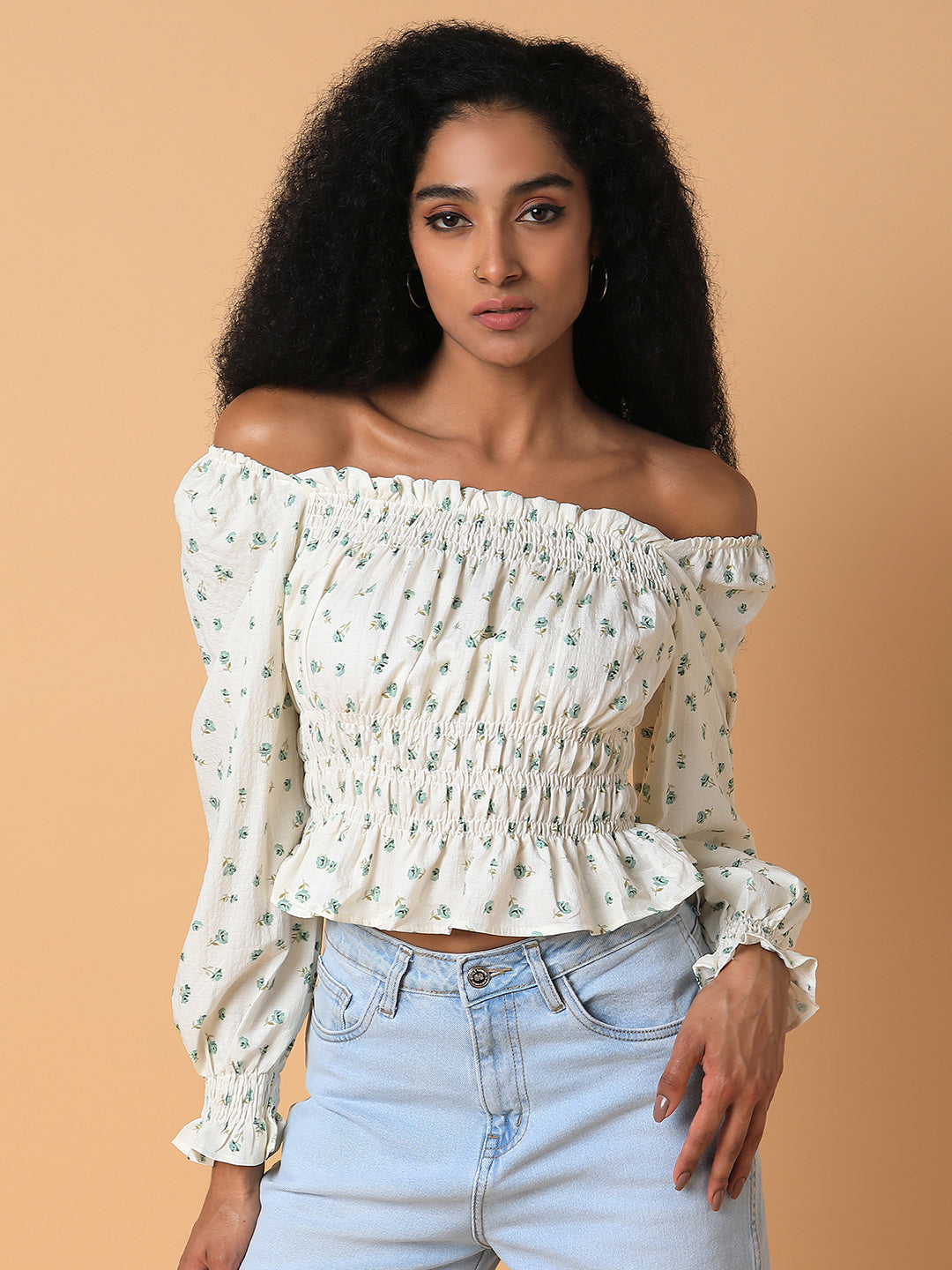 Women Floral Cream Peplum Crop Top