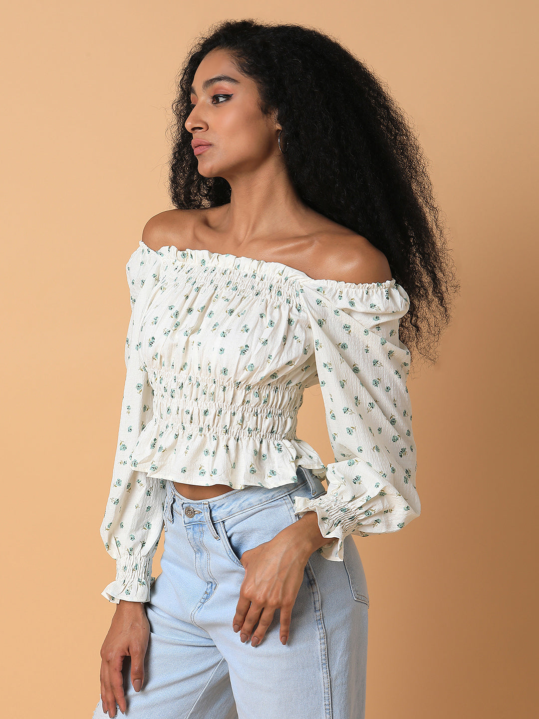 Women Floral Cream Peplum Crop Top