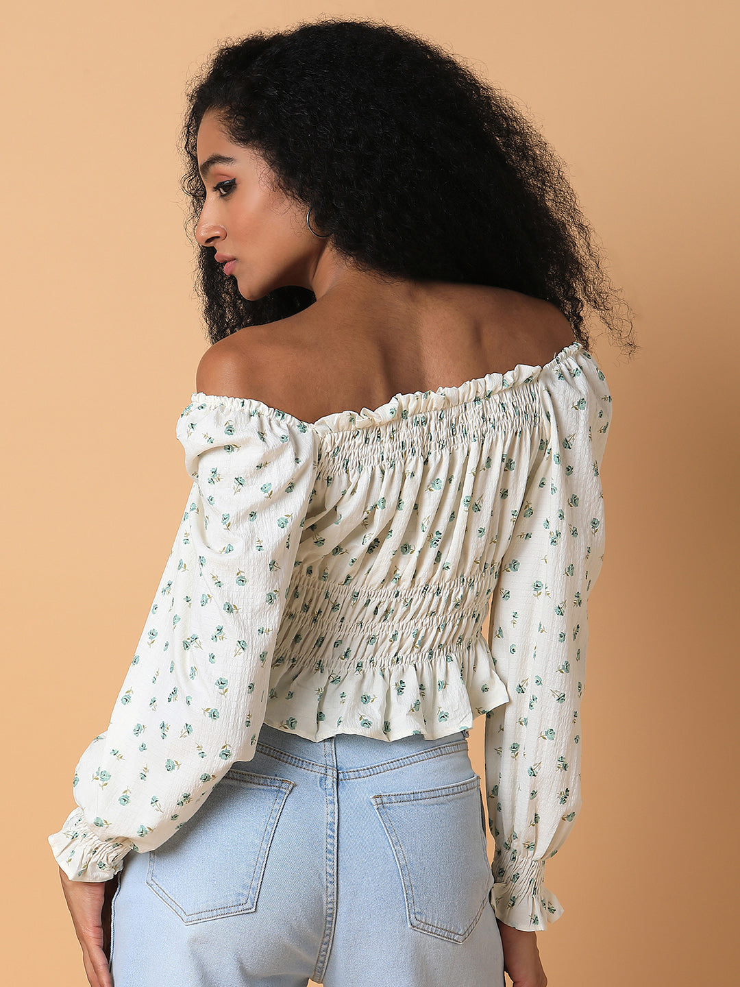 Women Floral Cream Peplum Crop Top