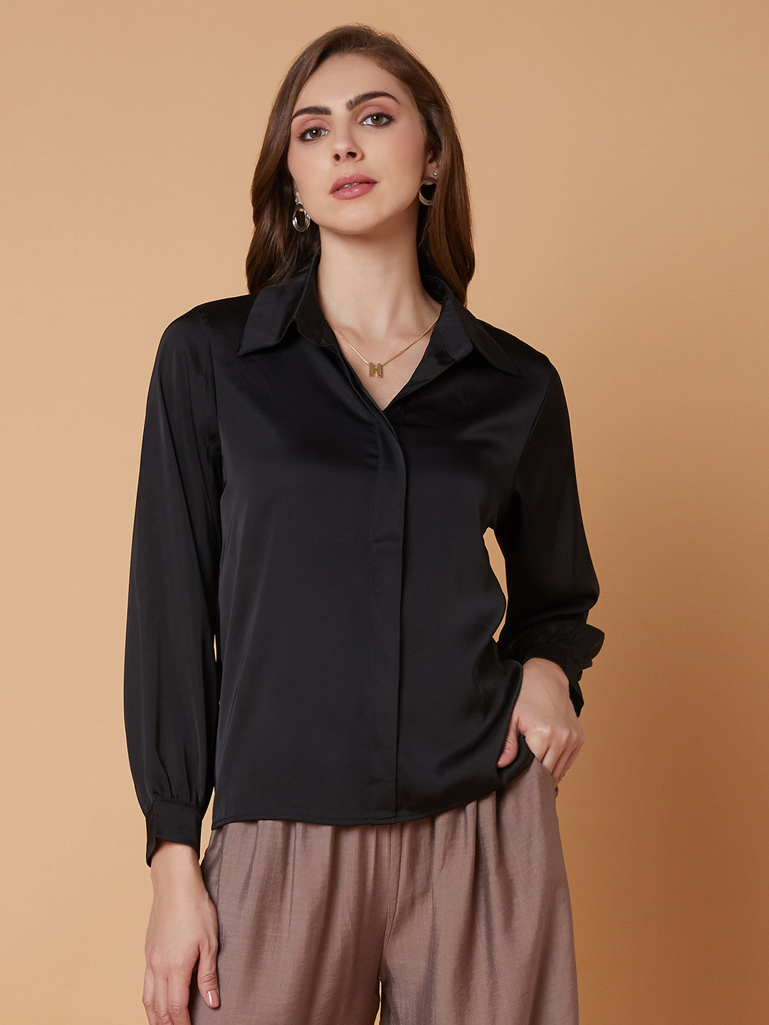 Women Solid Black Shirt with Neck Chain