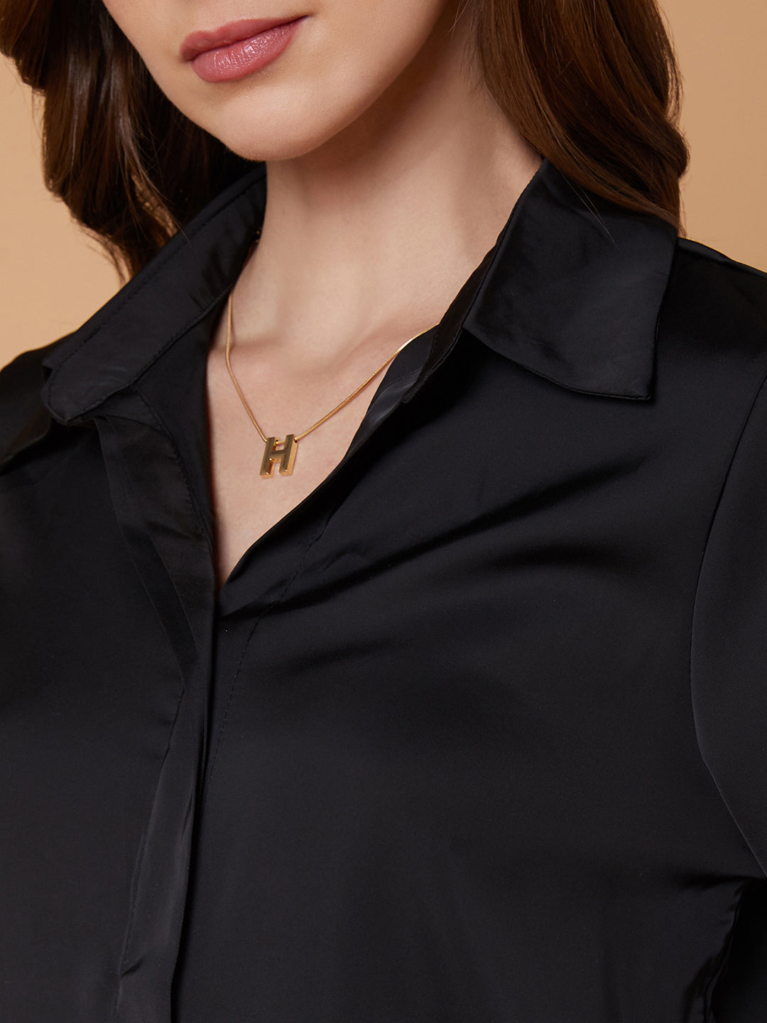 Women Solid Black Shirt with Neck Chain