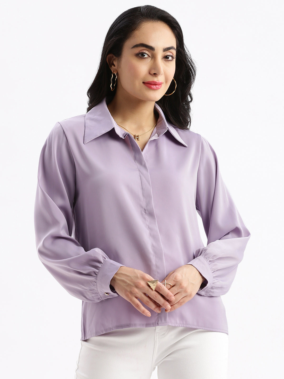 Women Solid Lavender Shirt with Neck Chain