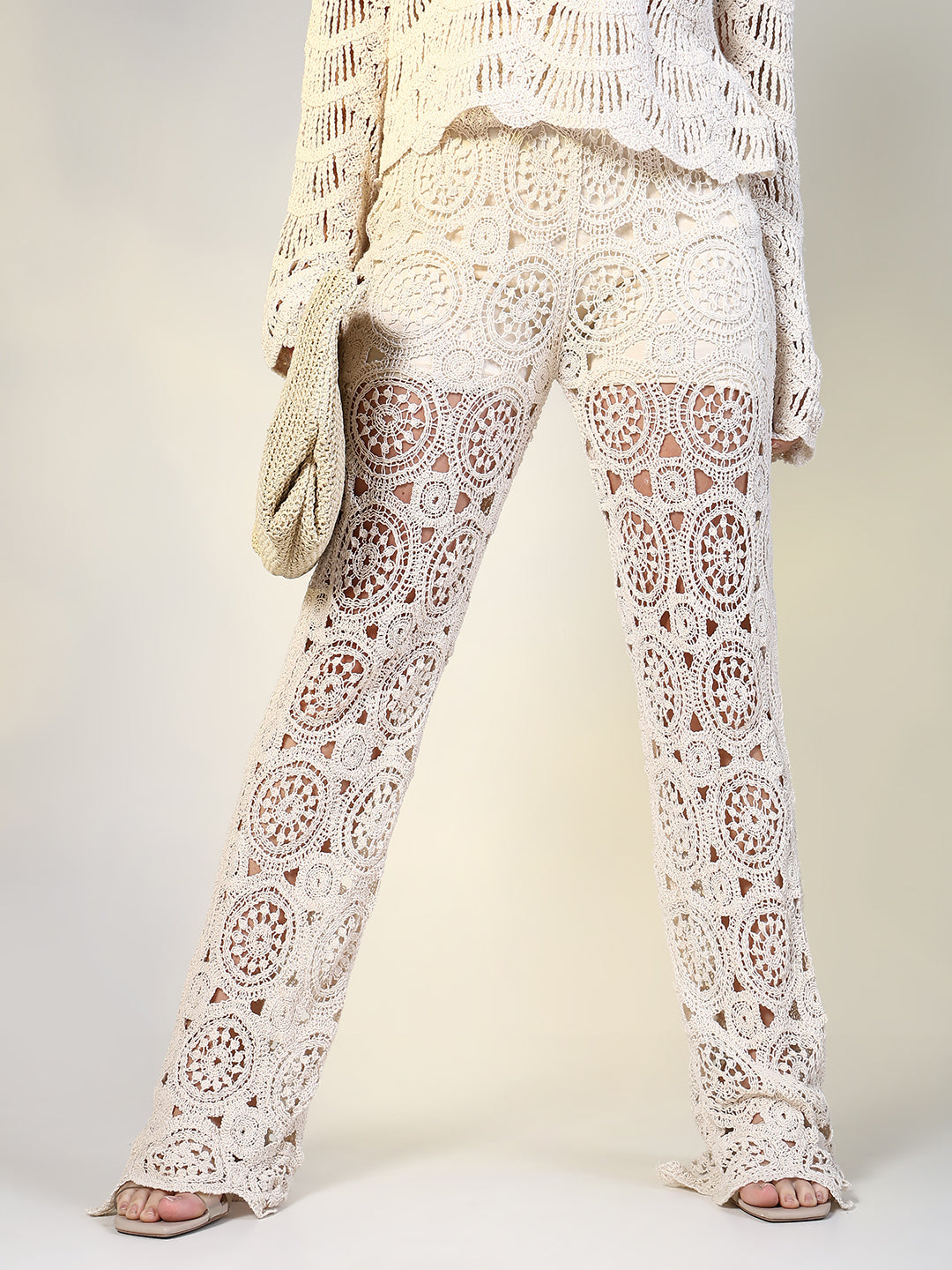 Women Cream Solid Crochet Trouser