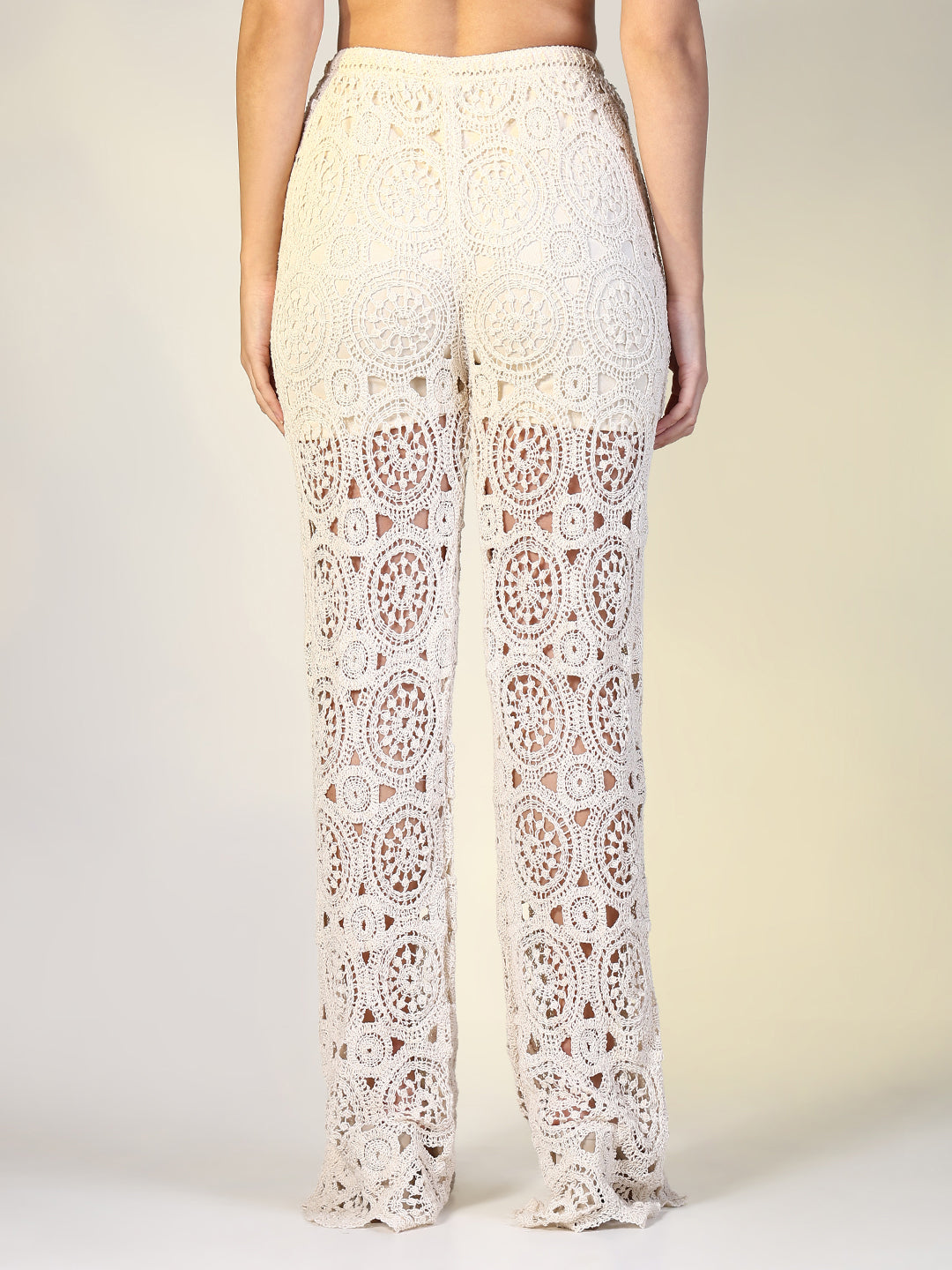 Women Cream Solid Crochet Trouser