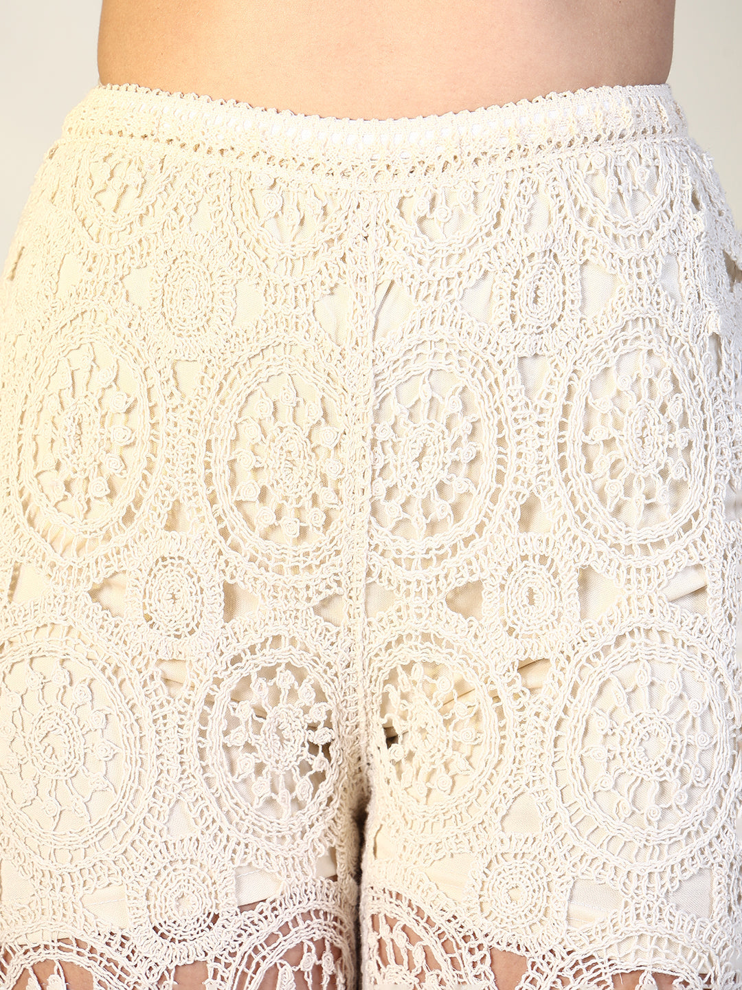 Women Cream Solid Crochet Trouser