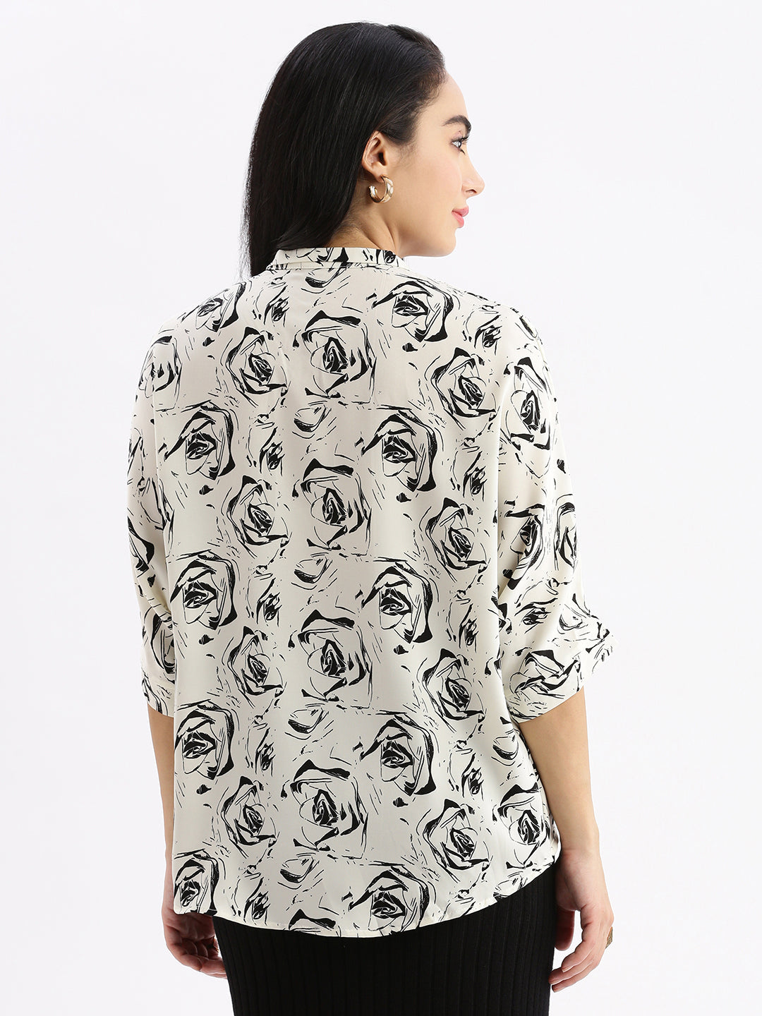 Women's Cream Mandarin Collar Synthetic Crepe Top