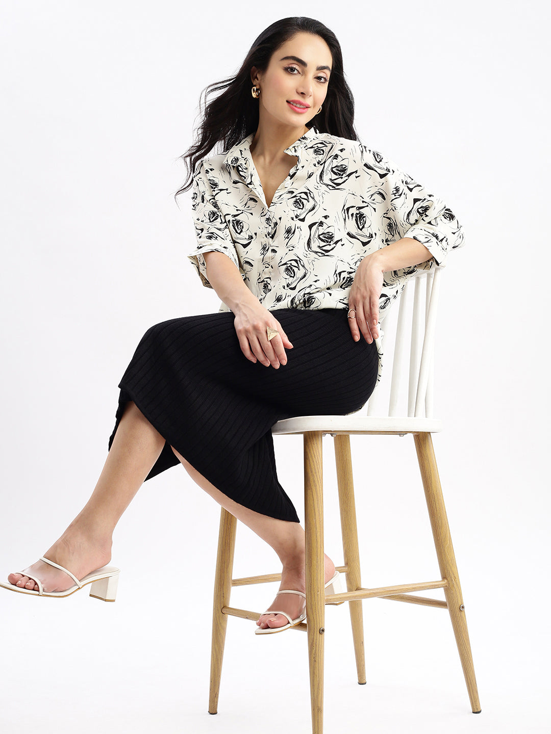 Women's Cream Mandarin Collar Synthetic Crepe Top