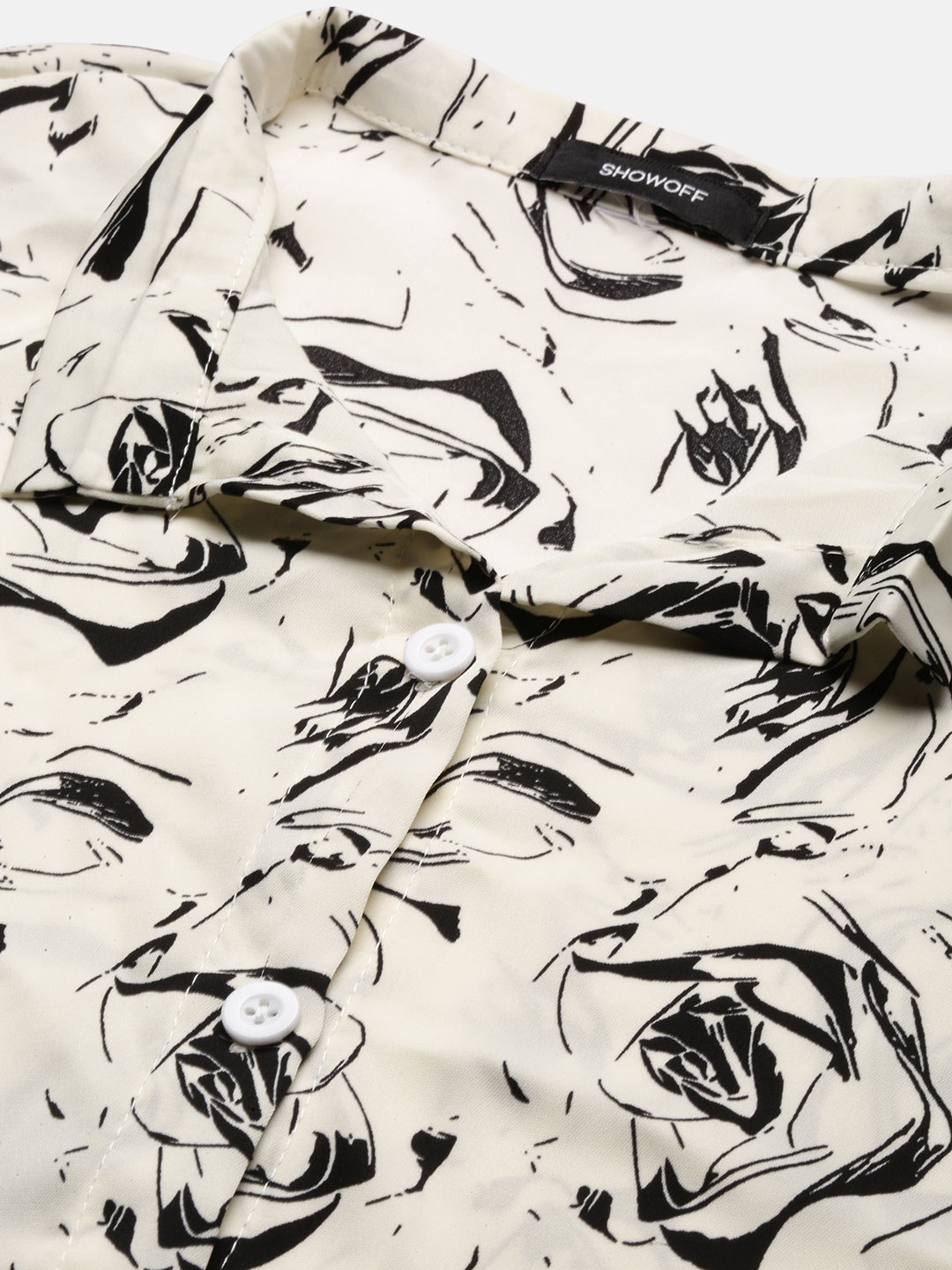 Women's Cream Mandarin Collar Synthetic Crepe Top