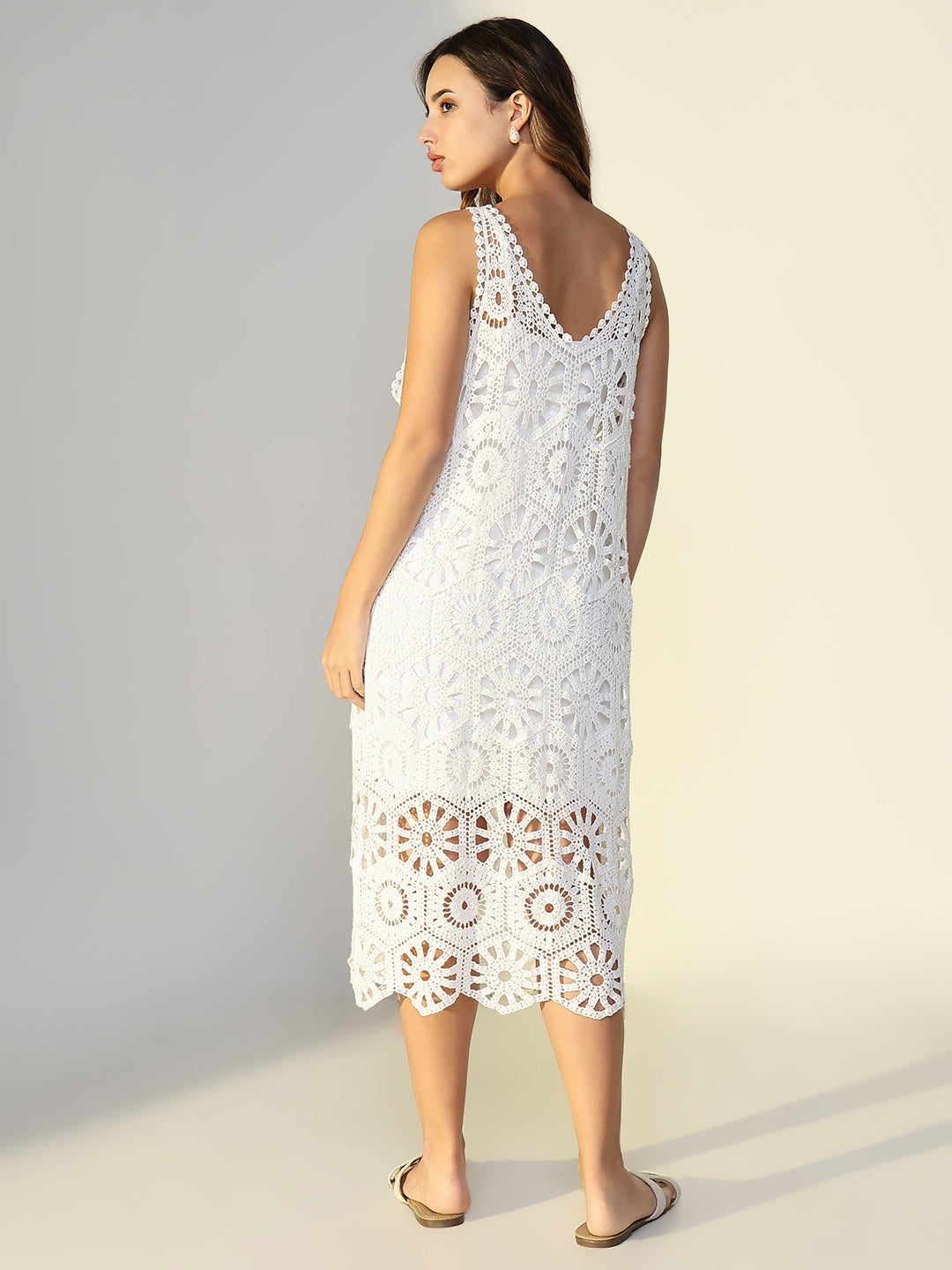 Women White Solid A Line Crochet Dress