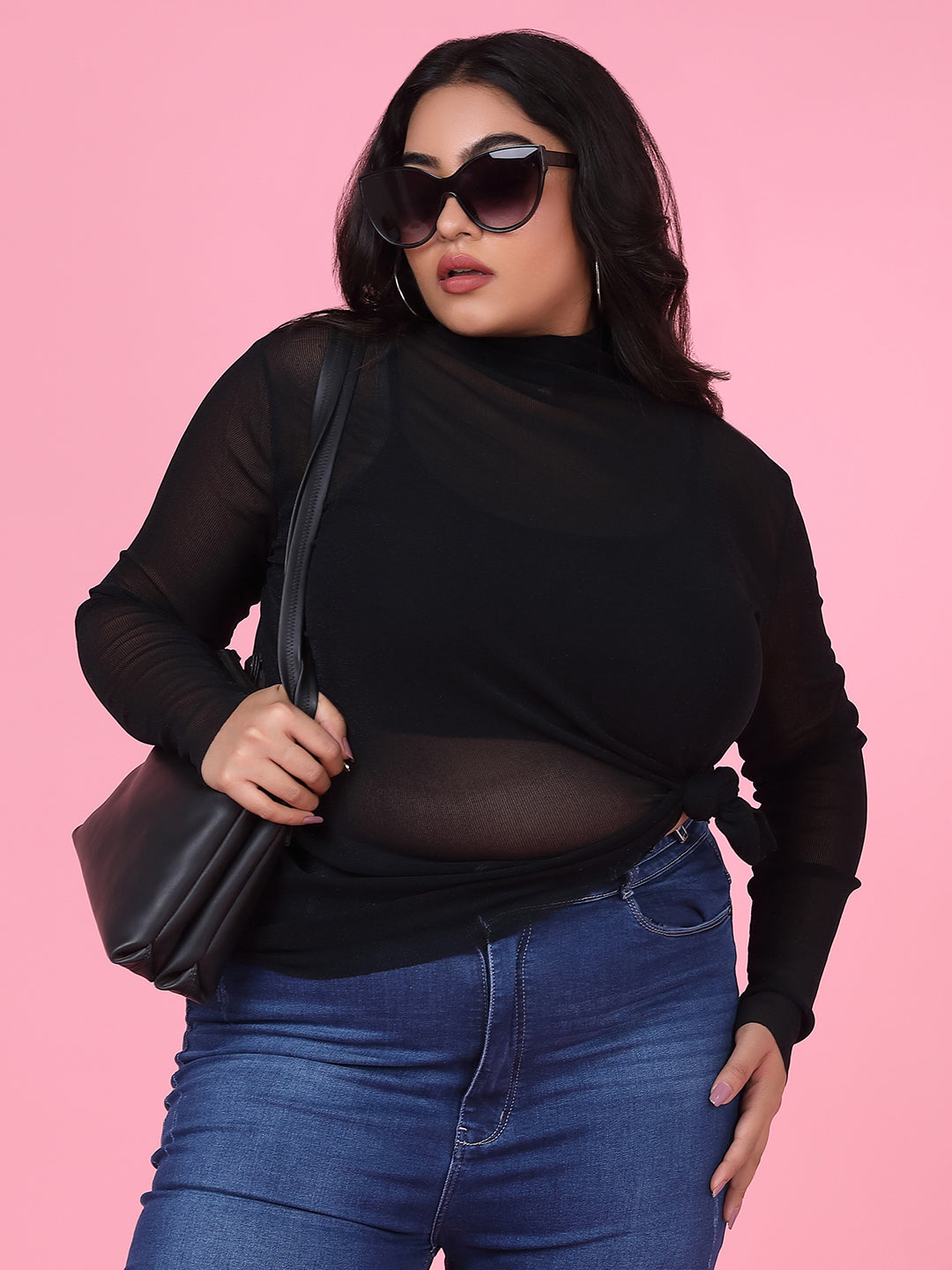 Women Solid Black Sheer Top