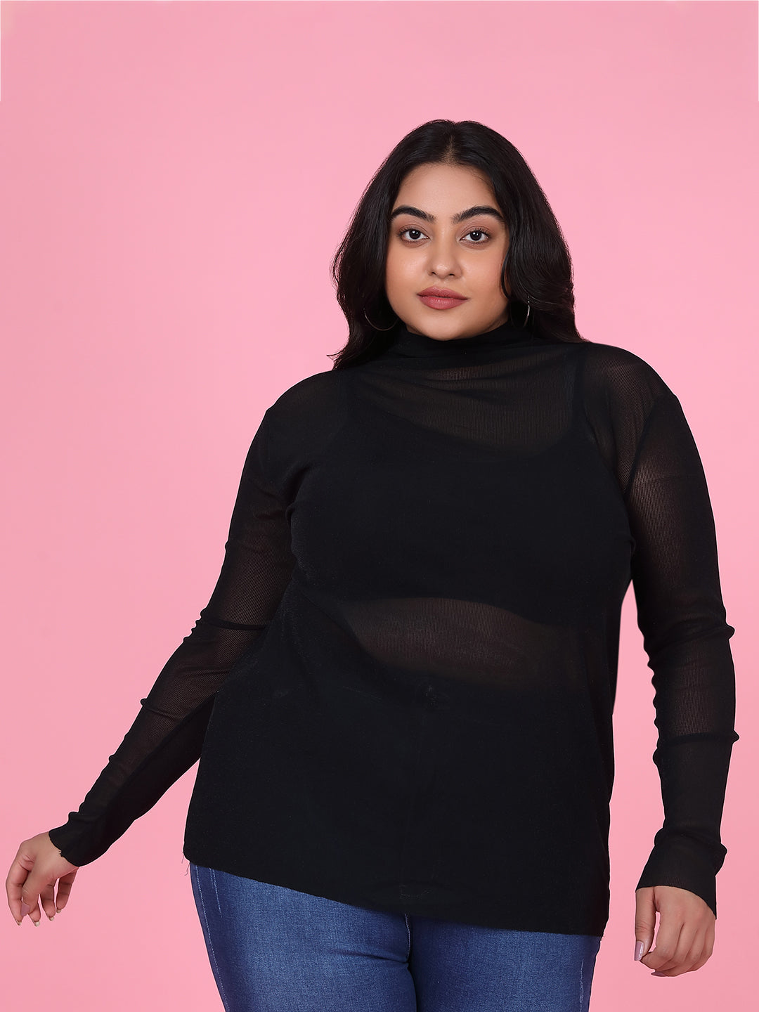 Women Solid Black Sheer Top