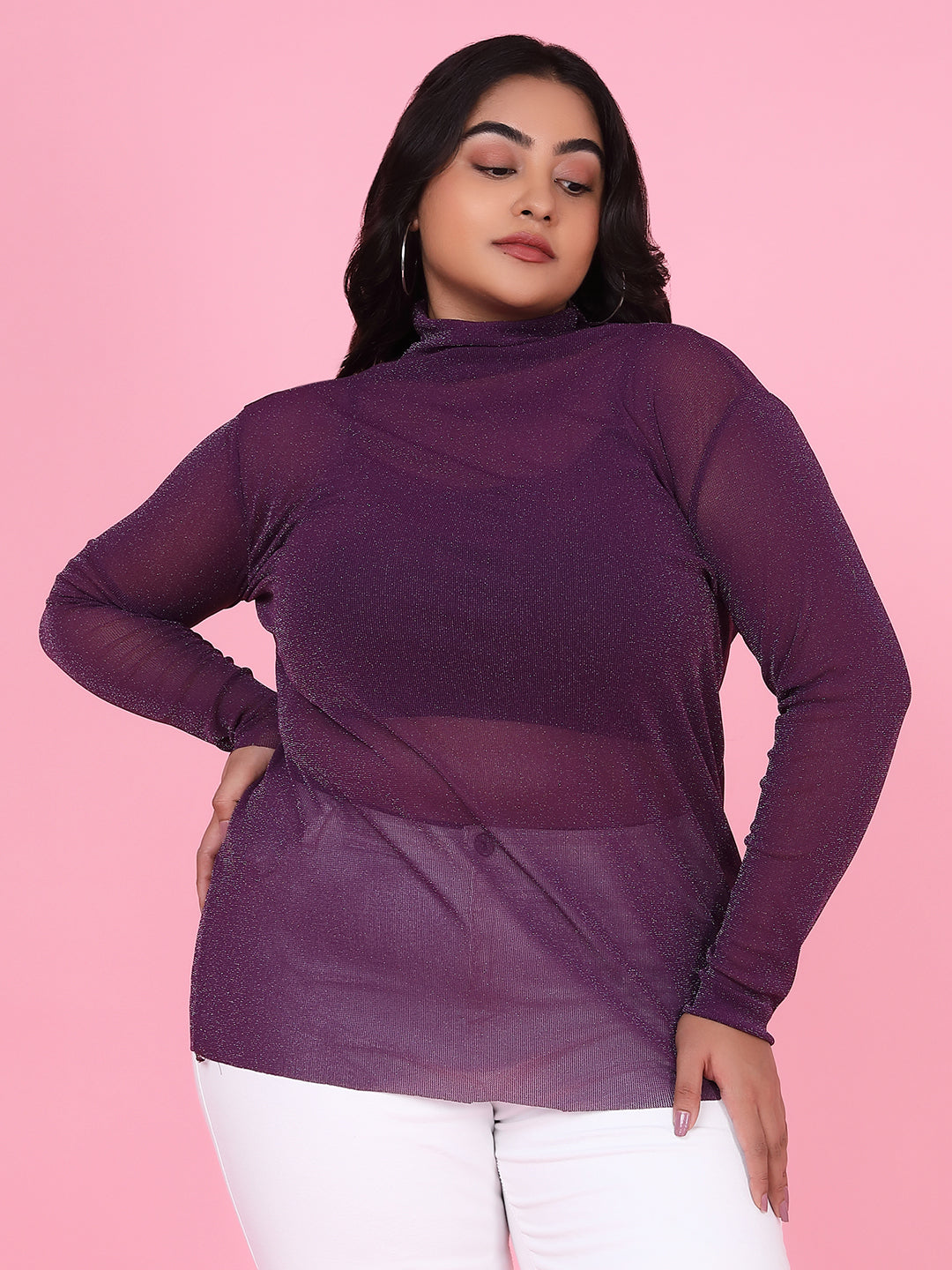 Women Solid Purple Sheer Top