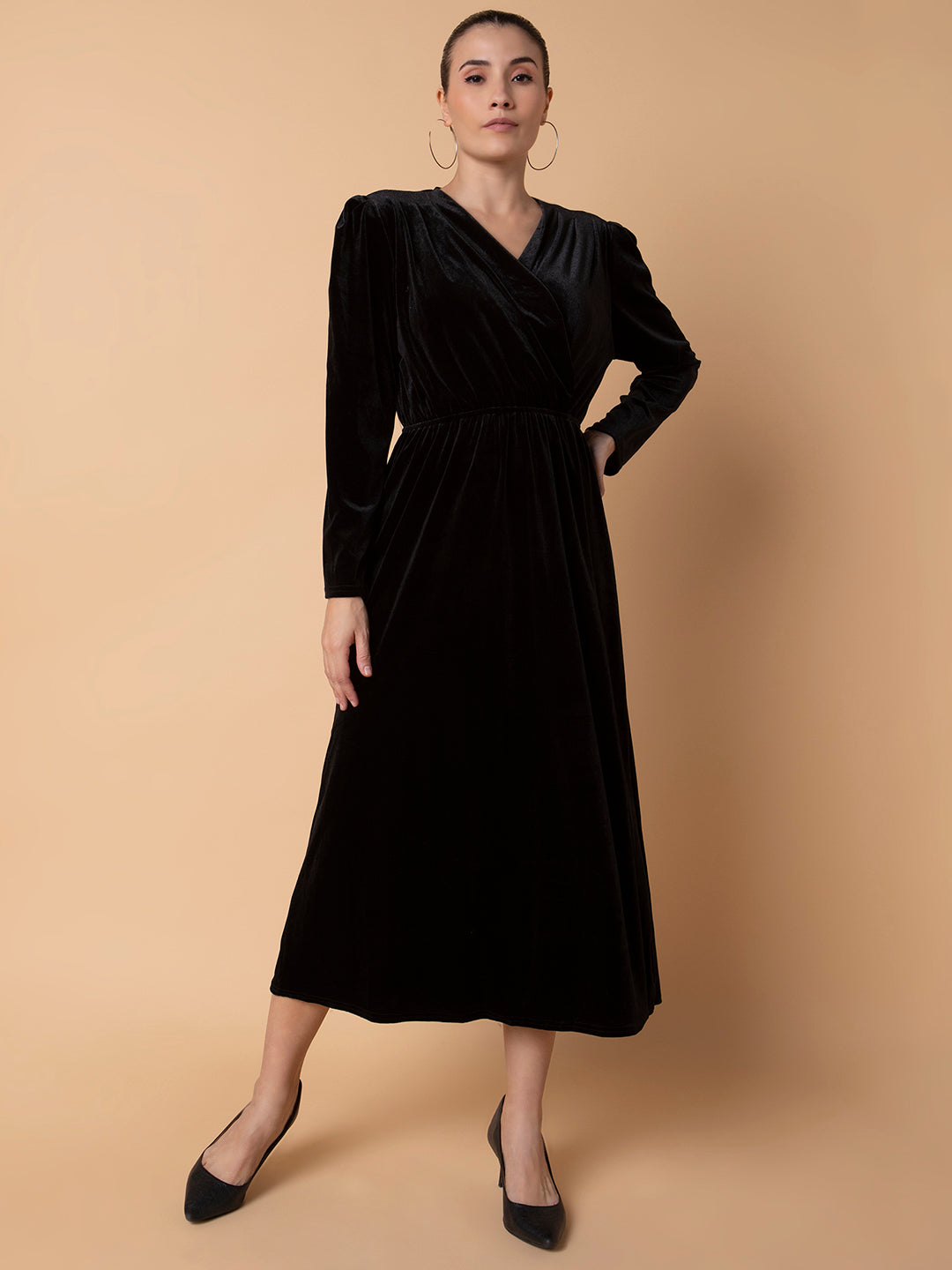 Women Solid Black Midi Fit and Flare Dress