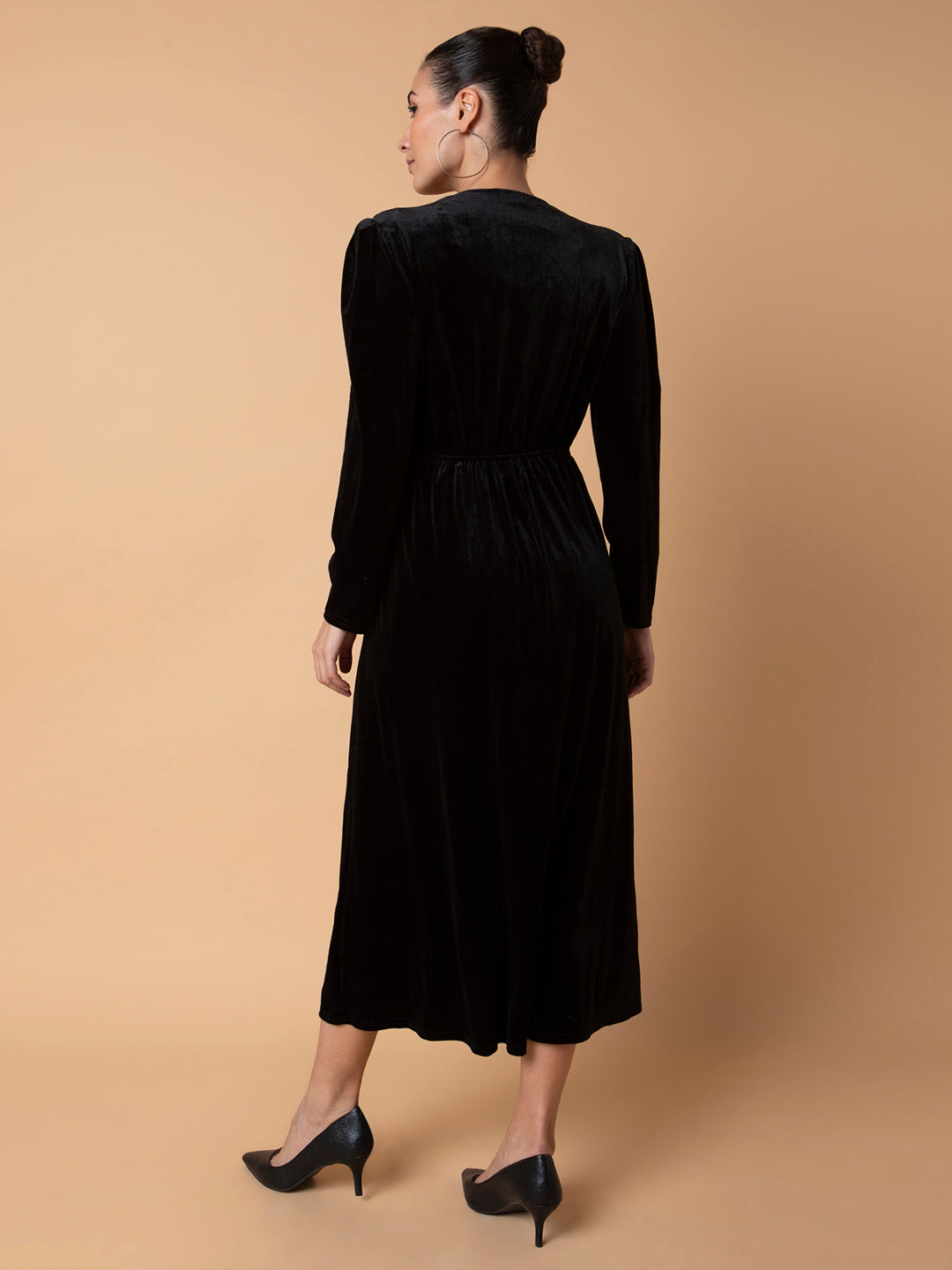 Women Solid Black Midi Fit and Flare Dress