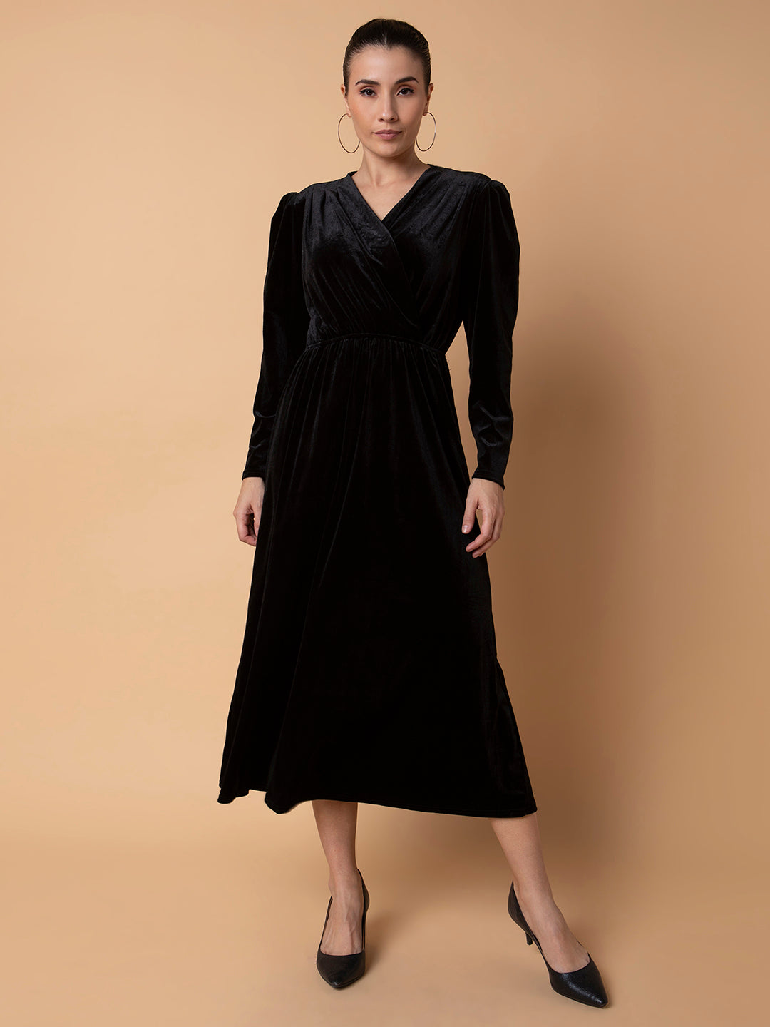 Women Solid Black Midi Fit and Flare Dress