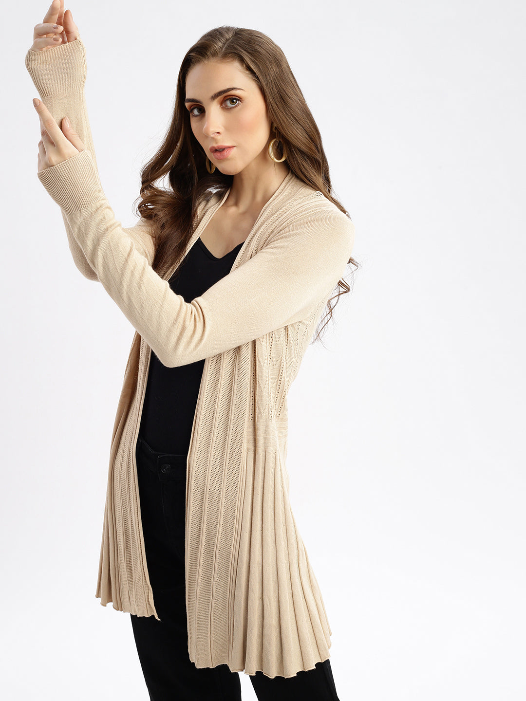 Women Beige Self Design Open Front Longline Shrug