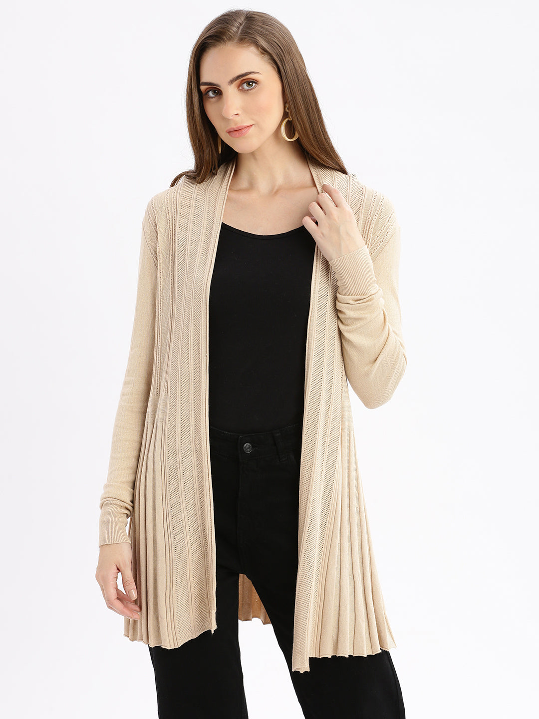 Women Beige Self Design Open Front Longline Shrug