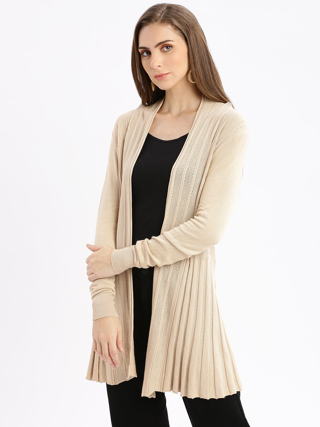 Women Beige Self Design Open Front Longline Shrug