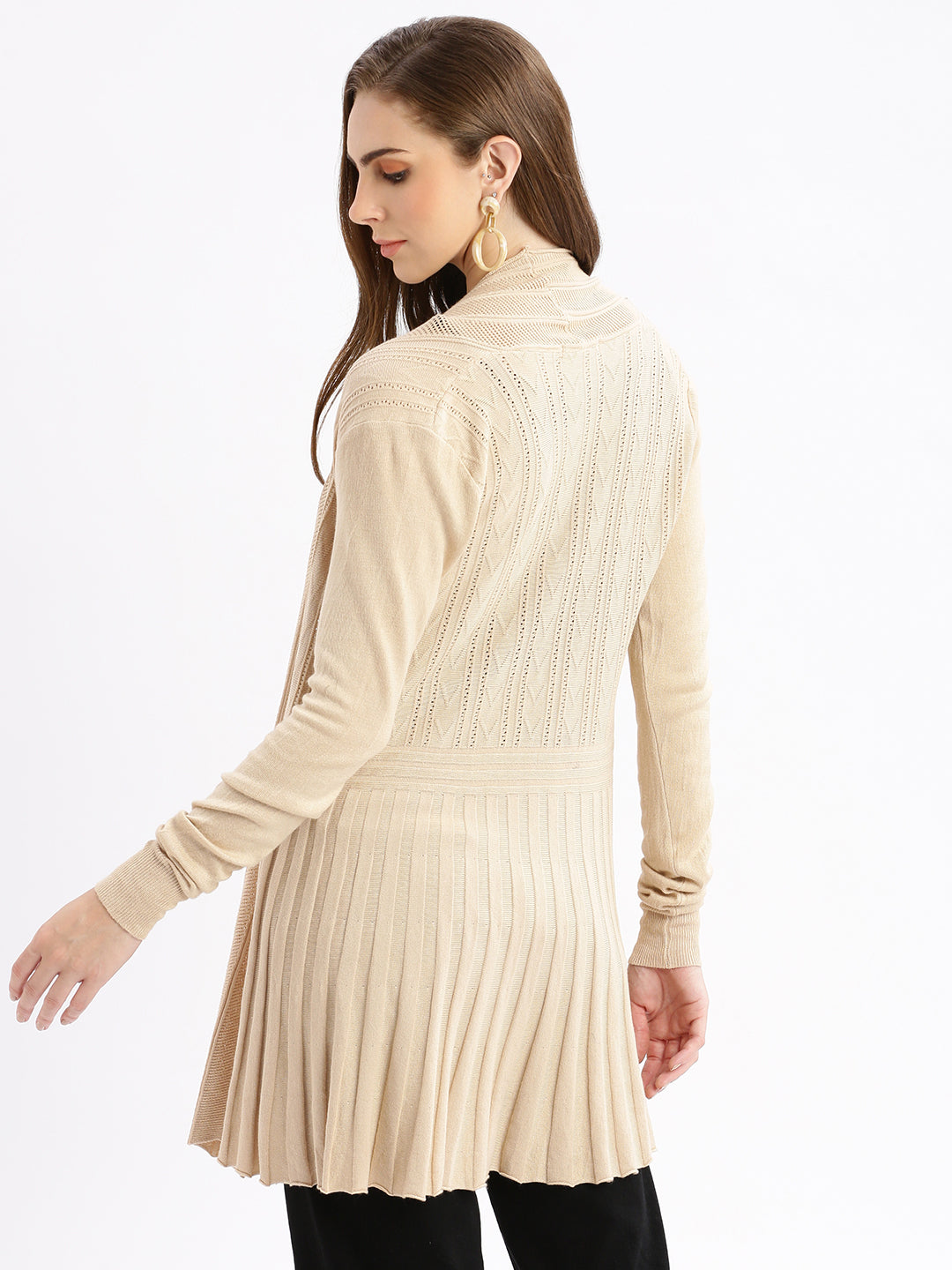 Women Beige Self Design Open Front Longline Shrug