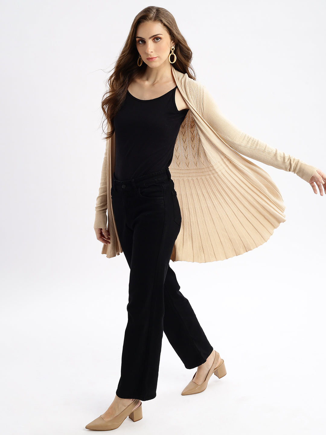 Women Beige Self Design Open Front Longline Shrug