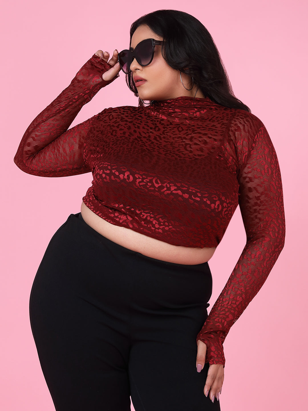 Women Solid Maroon Sheer Top