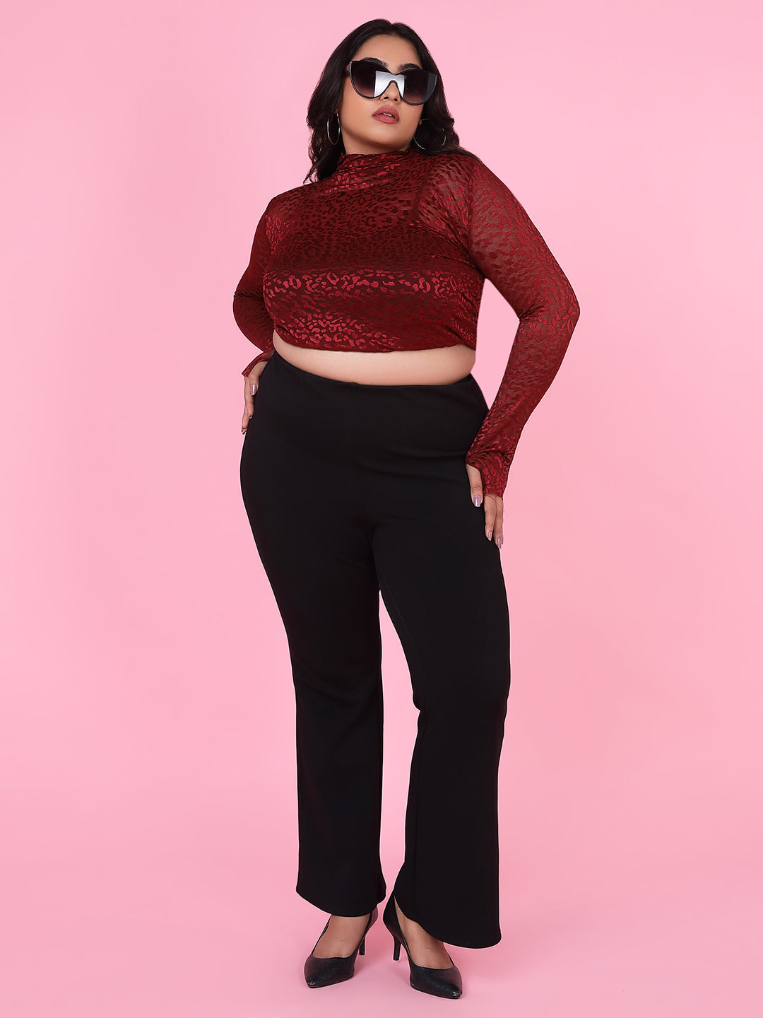 Women Solid Maroon Sheer Top