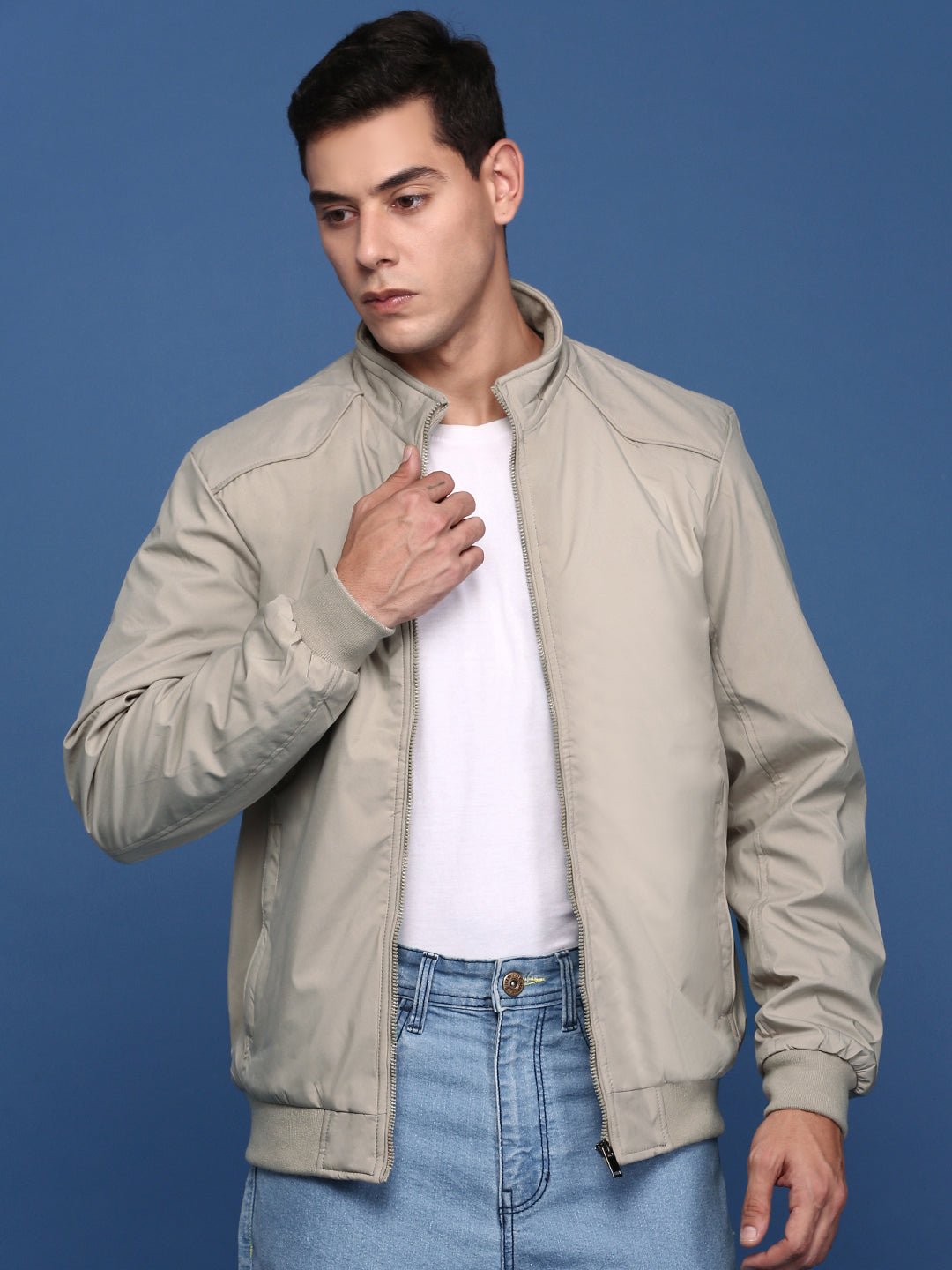 Men Solid Cream Bomber Jacket