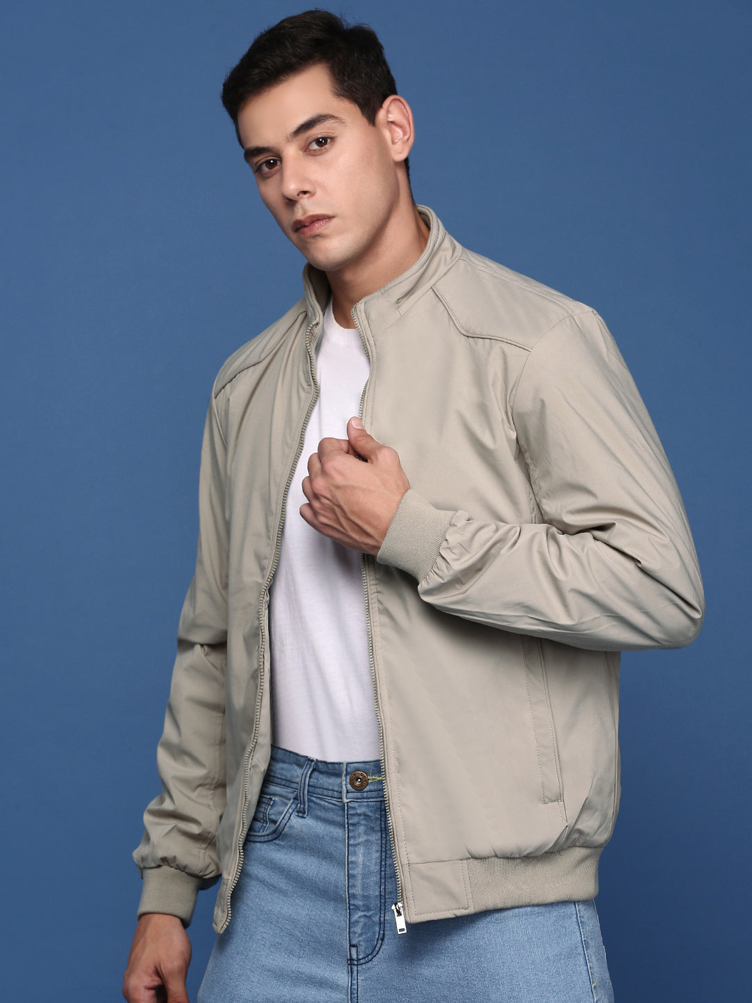 Men Solid Cream Bomber Jacket