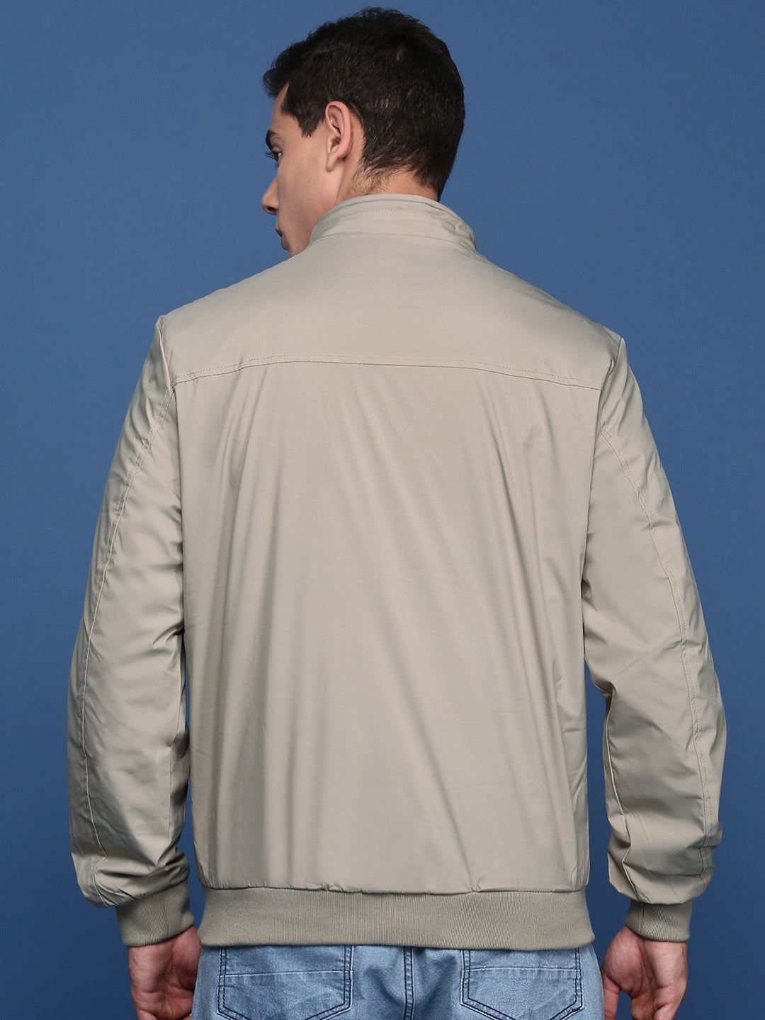 Men Solid Cream Bomber Jacket