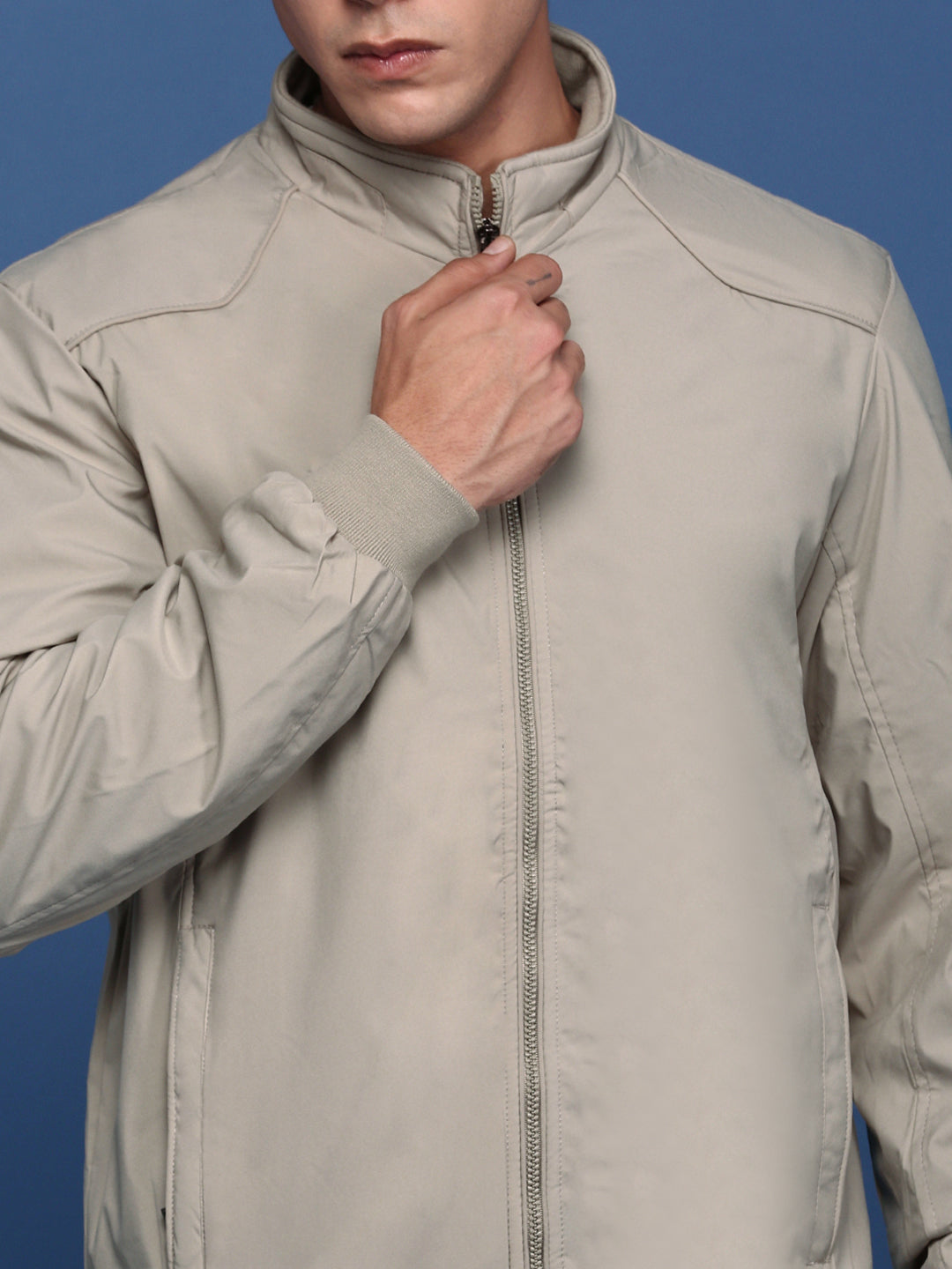 Men Solid Cream Bomber Jacket