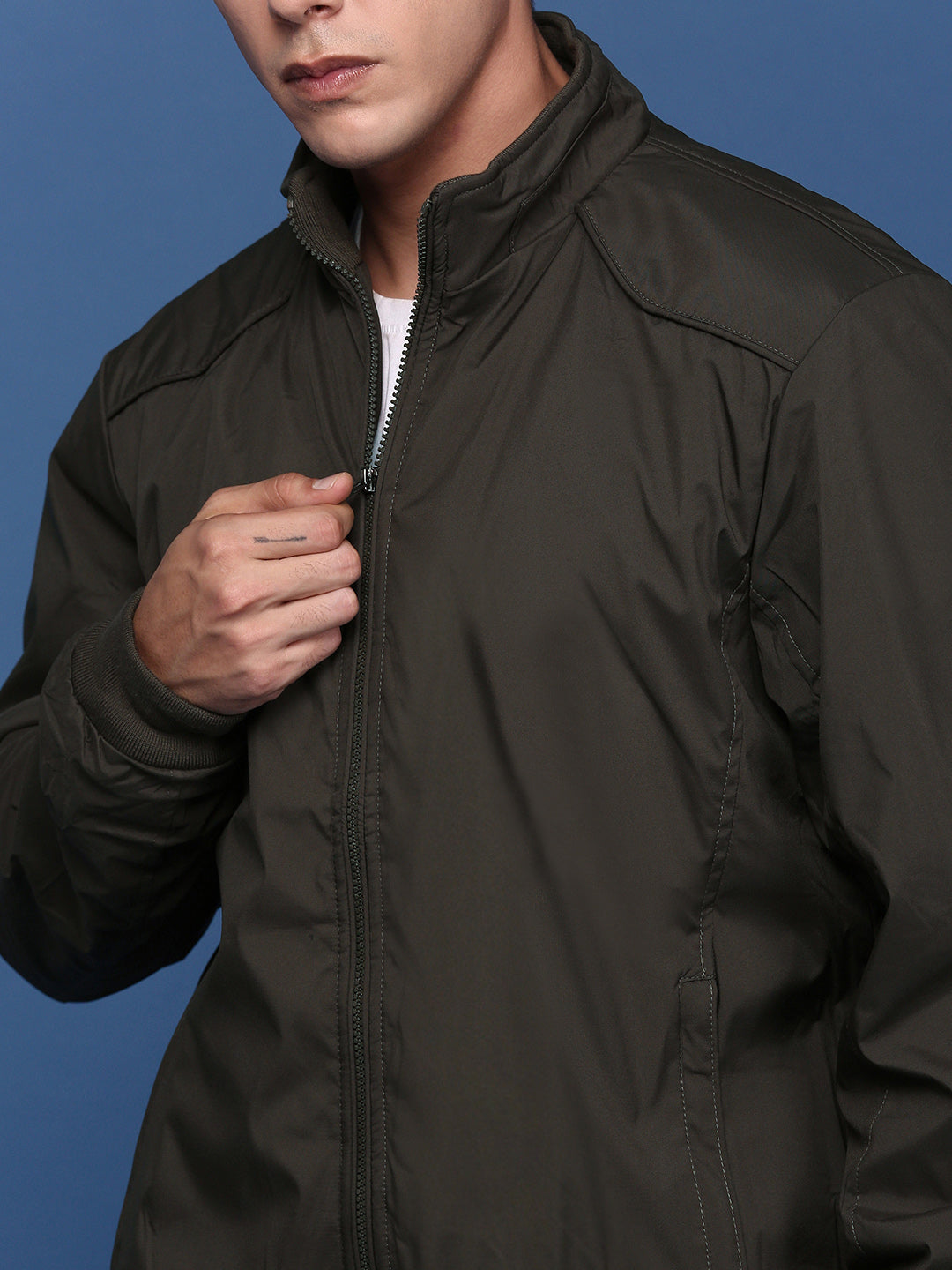 Men Solid Olive Bomber Jacket